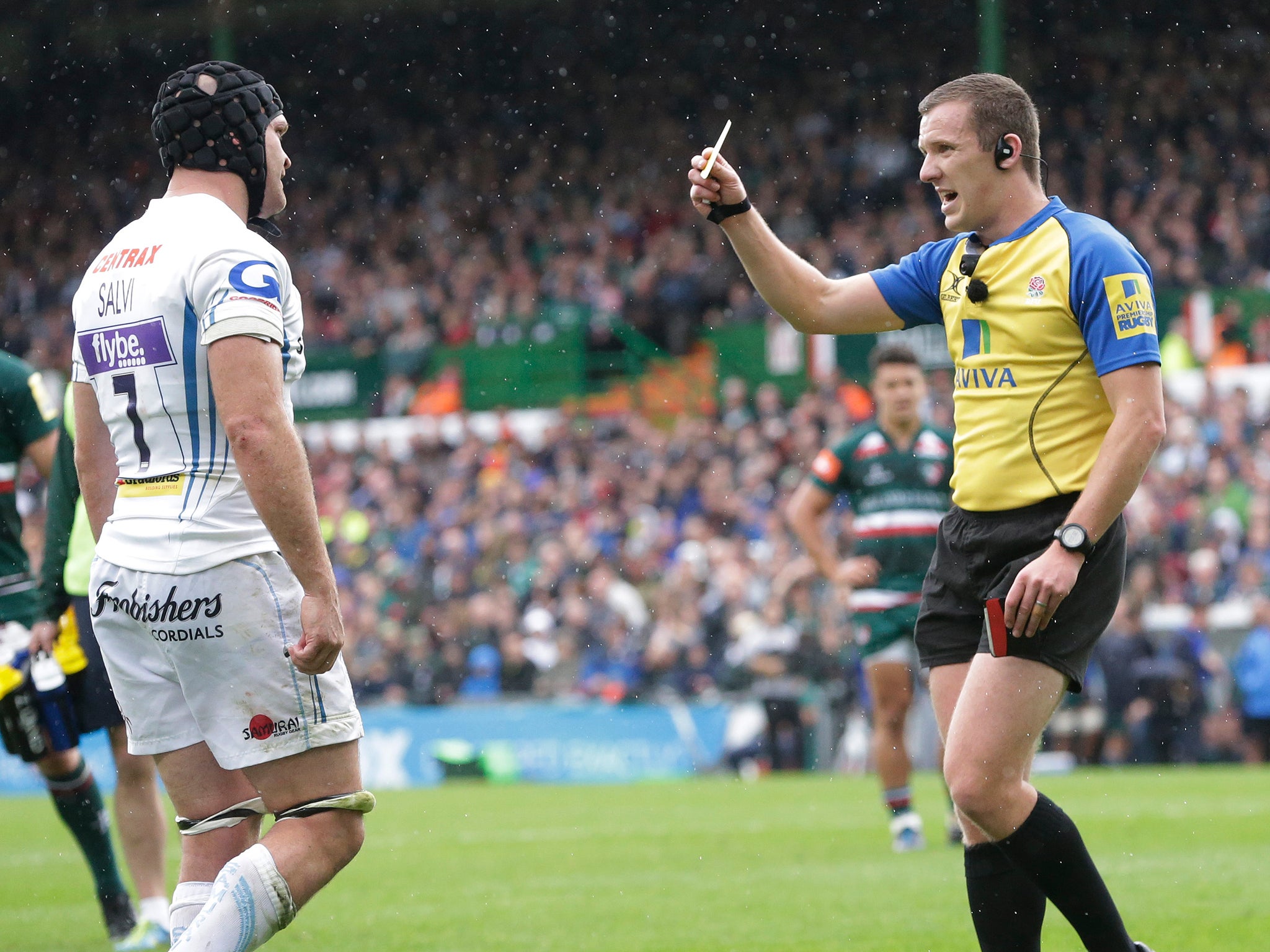 Exeter flanker Julian Salvi is sent to the sin-bin by referee Tom Foley