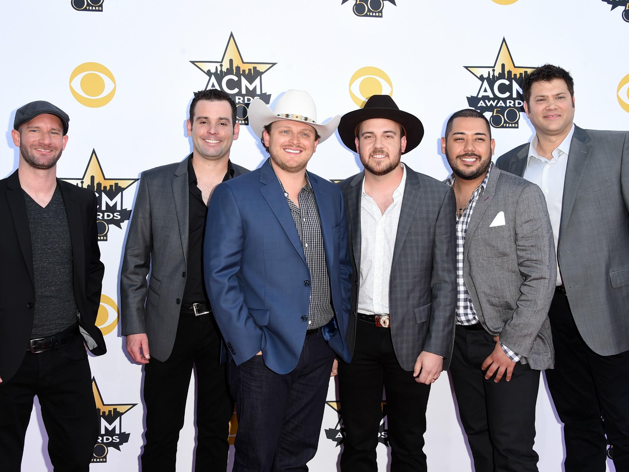 Musicians Austin Davis, Caleb Keeter, Josh Abbott, Preston Wait, Edward Villanueva and James Hertless of the Josh Abbott Band attend the 50th Academy of Country Music Awards 2015 in Arlington, Texas.