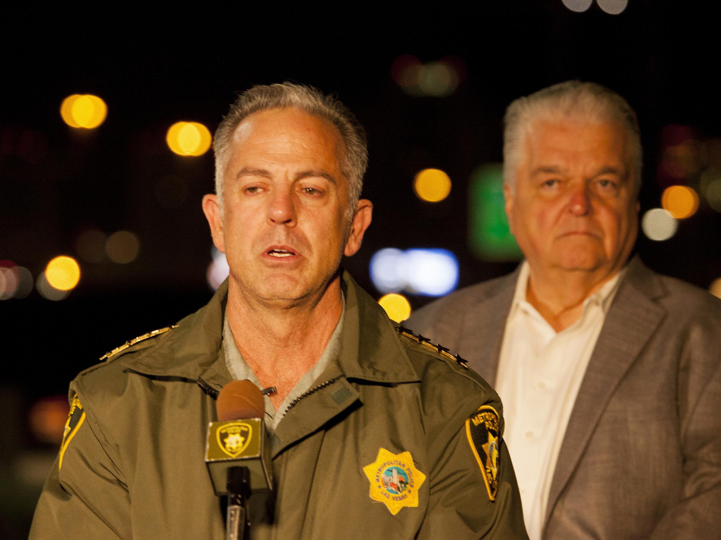 Clark County Sheriff Joe Lombardo briefs members of the media outside Metro Police headquarters