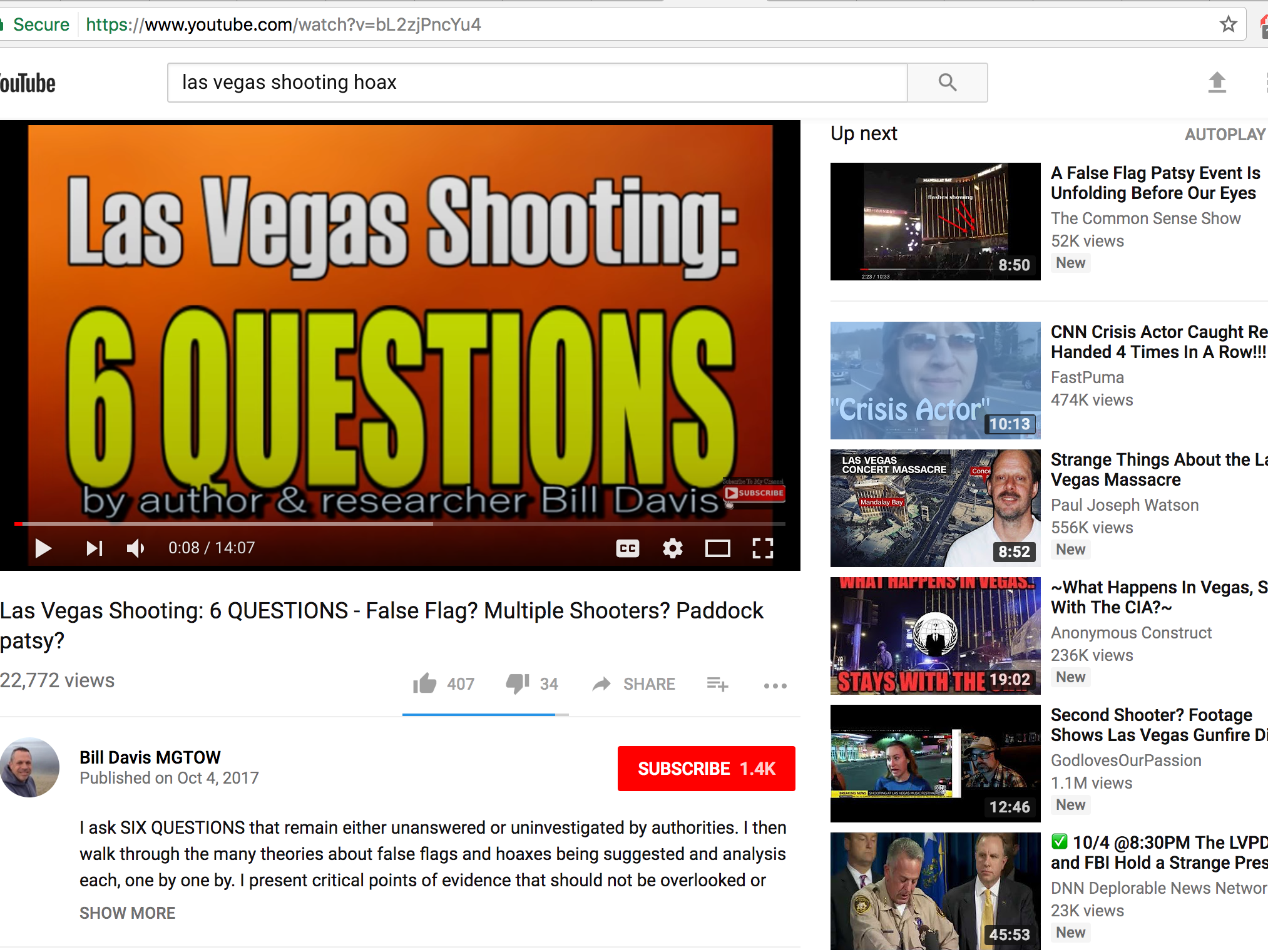 Suggested videos are displayed next to a YouTube video titled "Las Vegas Shooting: 6 QUESTIONS"