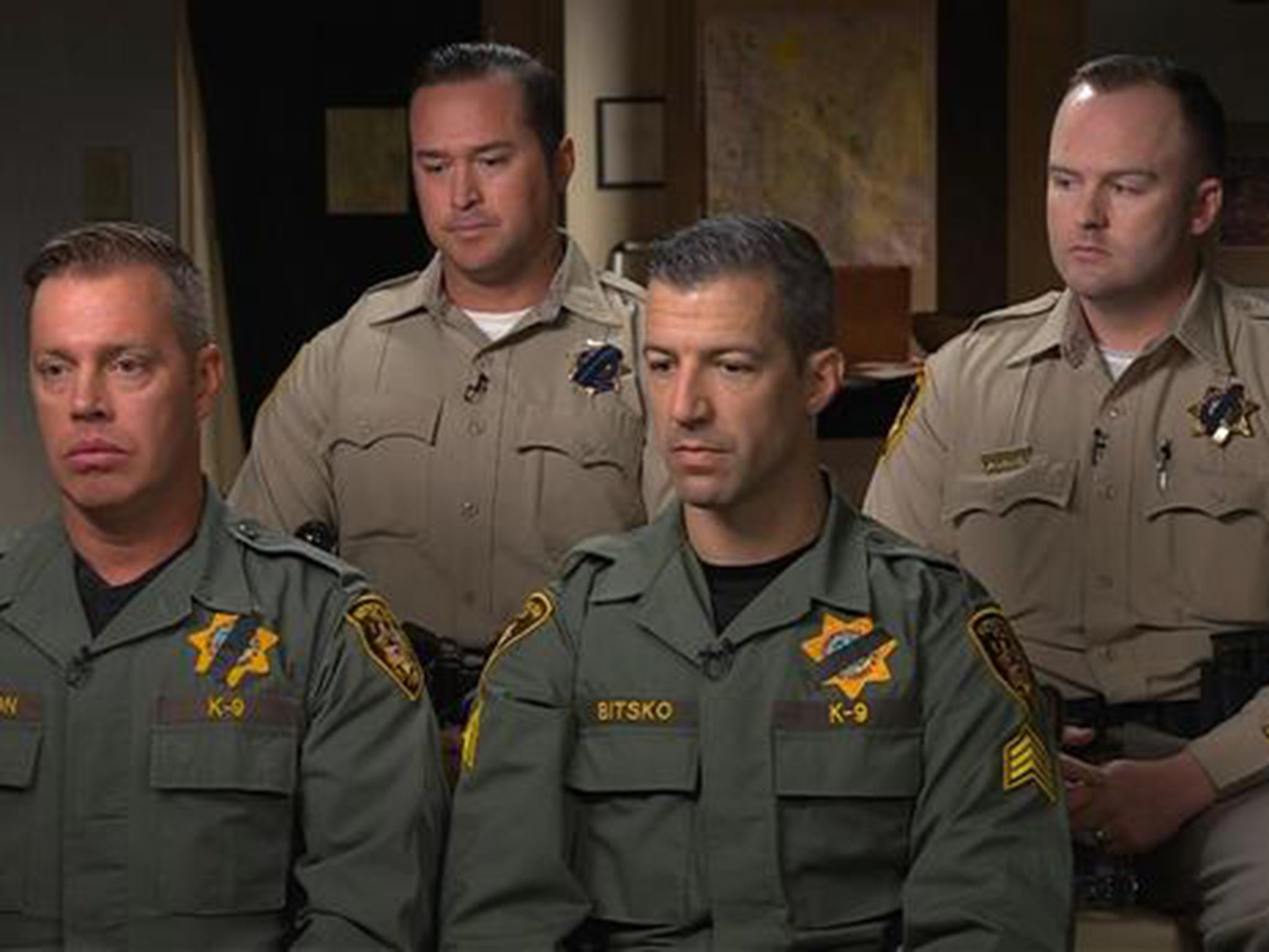 Officers describe storming Stephen Paddock’s hotel room to ‘60 Minutes’. Top row, from left to right: Las Vegas detectives Casey Clarkson and Matthew Donaldson. Bottom row, left to right: David Newton from the Las Vegas Police Department’s K-9 unit and Sgt Joshua Bitsko