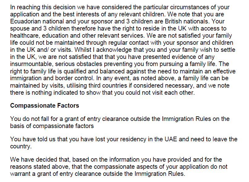 Refusal letter to Ms Zamora from the Home Office