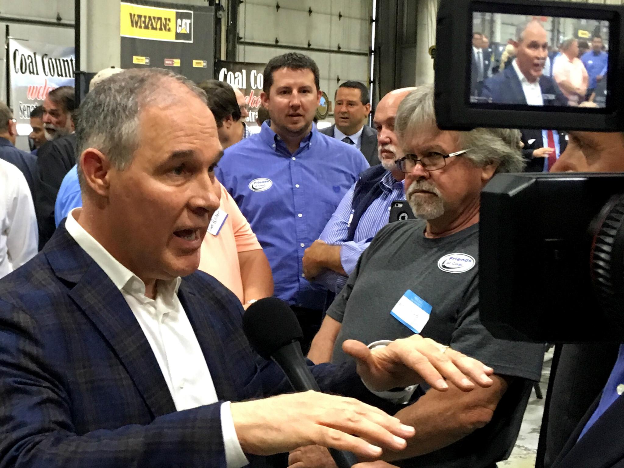 EPA Administrator Scott Pruitt, talks to a reporter after speaking at Whayne Supply in Hazard, Kentucky on 9 October 2017