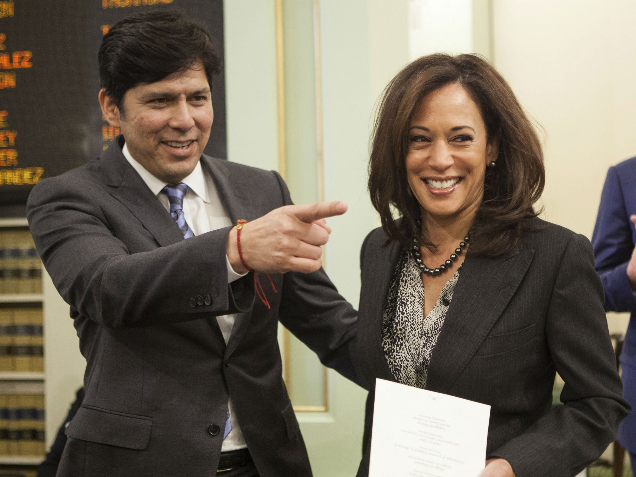 California Senate President Pro Tem Kevin de Senate President pro tem Kevin de León and then-California Attorney General Kamala Harris - whom de León hopes to join in the United States Senate - in Sacramento on January 5, 2015.