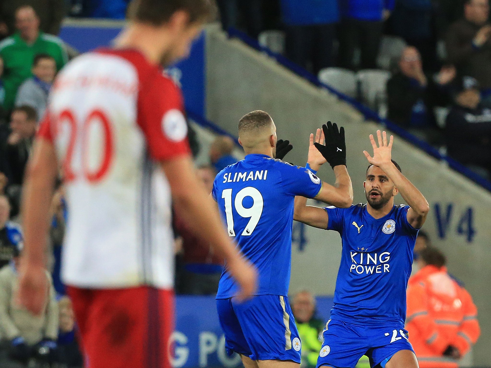 Riyad Mahrez celebrates his equaliser for the Foxes