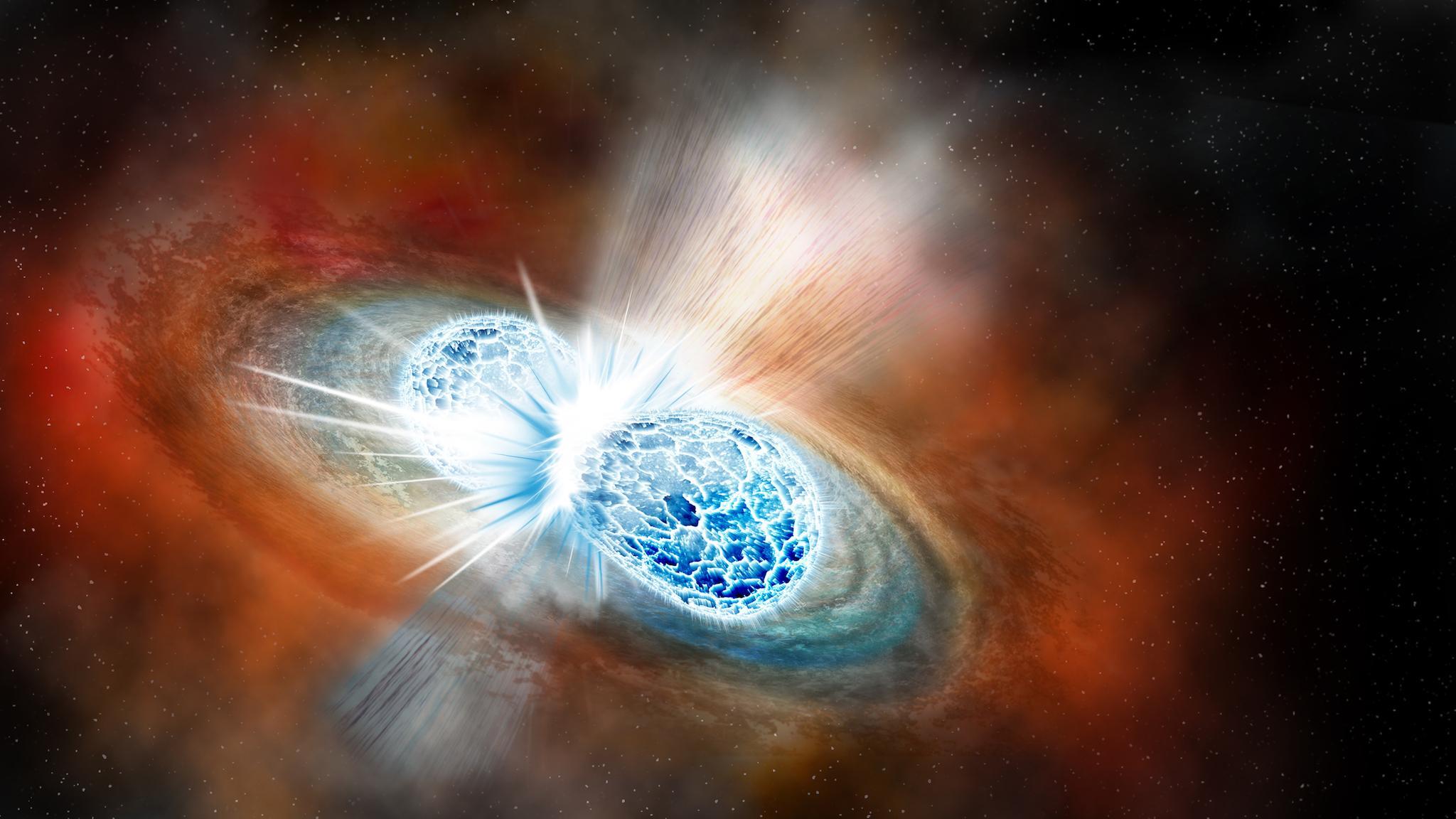 An artist's concept of the explosion of two neutron stars, an event that sent shockwaves through the very fabric of the universe