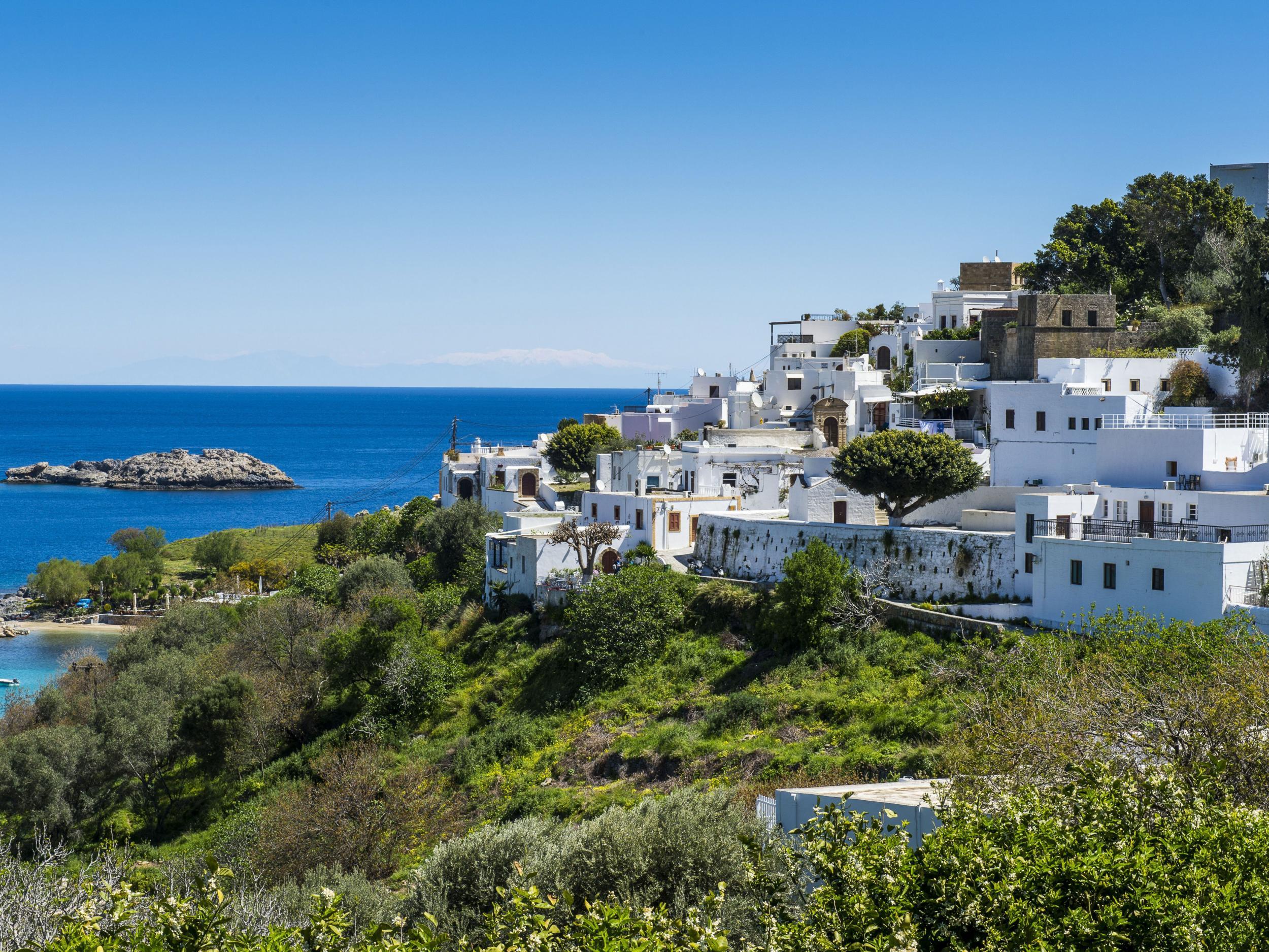 White houses in the town of Lindos, near the chapel of St Paul's, Rhodes