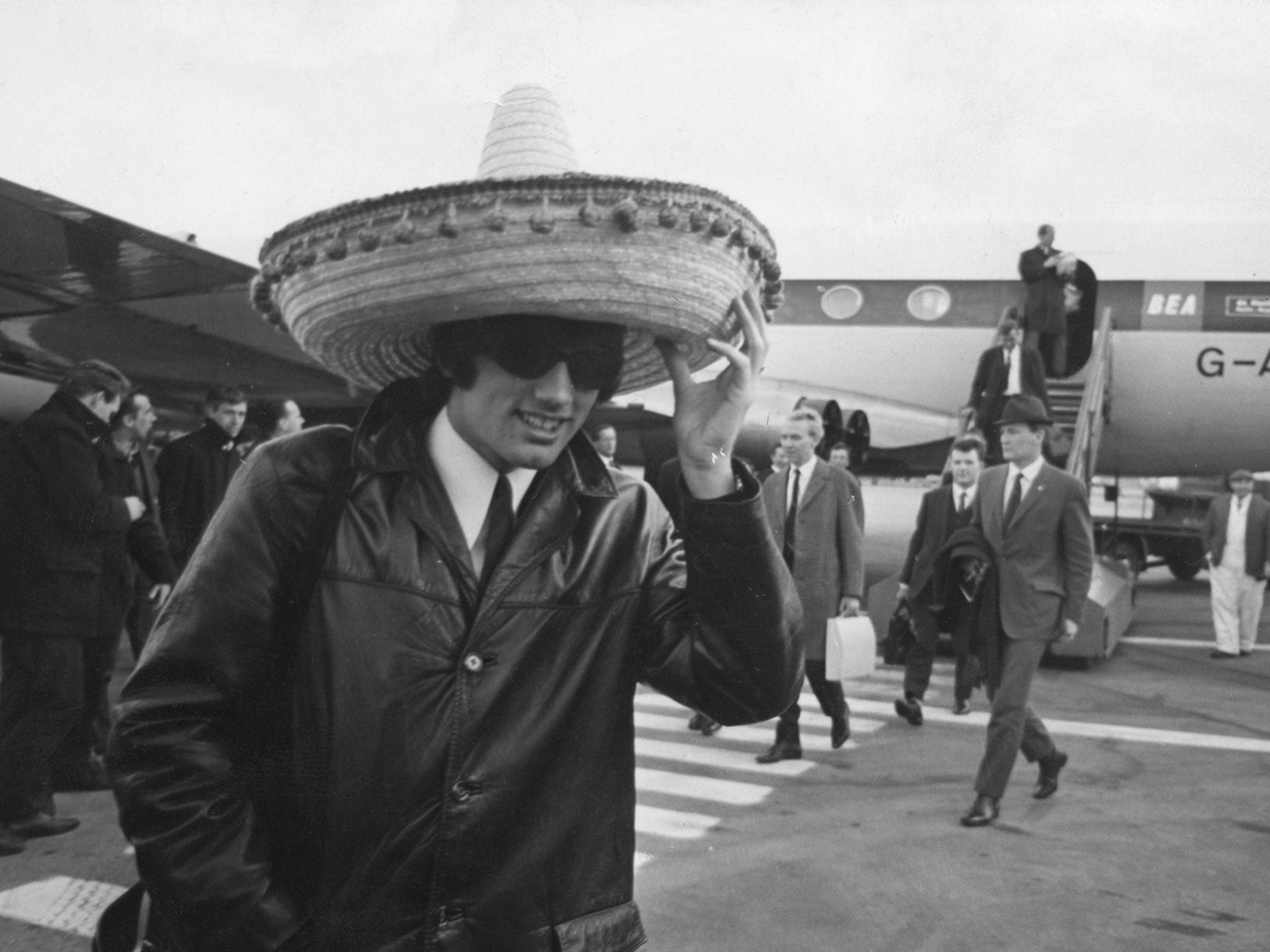 George Best arrives back in the UK after United's 5-1 victory over Benfica