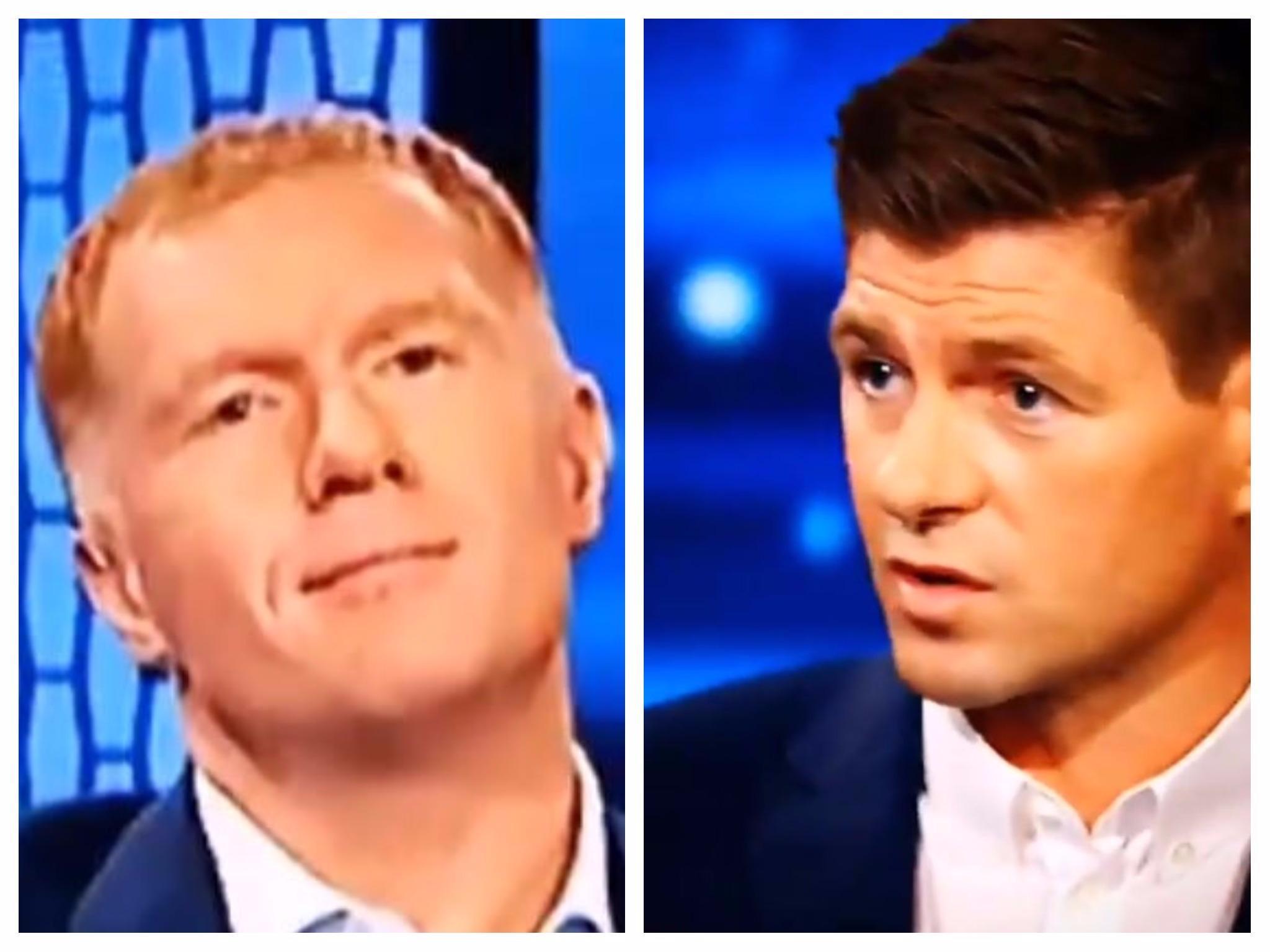 Paul Scholes (left) and Steven Gerrard were analysing Manchester United's 1-0 victory over Benfica