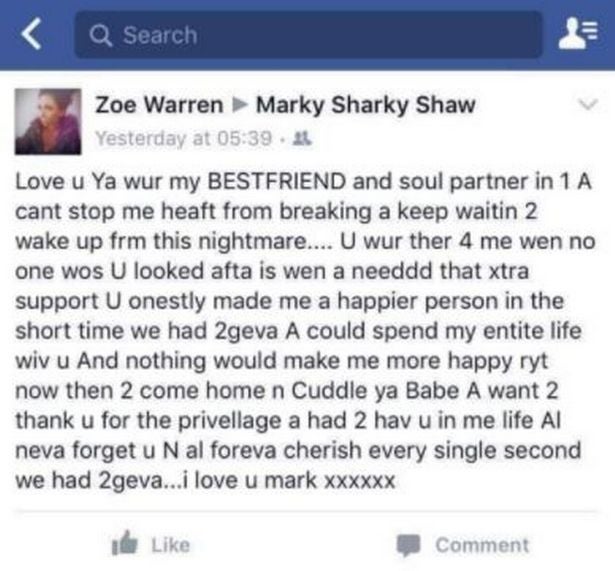 Zoe Warren's Facebook post hours after the murder of her partner