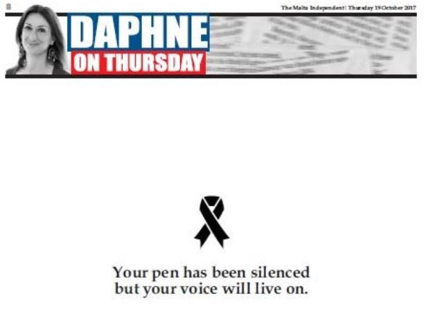 Galizia's Daphne on Thursday column was replaced with a stark tribute