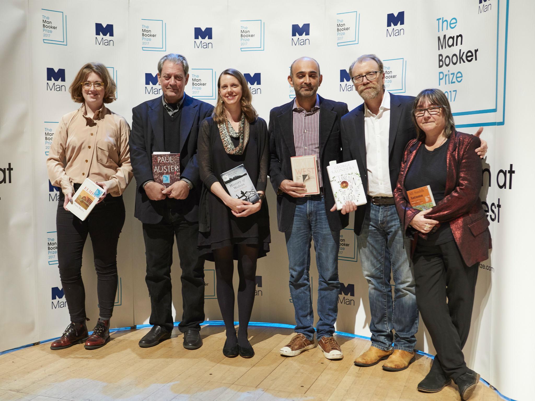 The 2017 Man Booker shortlist: (from left) Fiona Mozley, ‘Elmet‘, Paul Auster, ‘4321’, Emily Fridland, ‘History of Wolves’, Mohsin Hamid, ‘Exit West’, Saunders, ‘Lincoln in the Bardo‘ and Ali Smith, ‘Autumn’