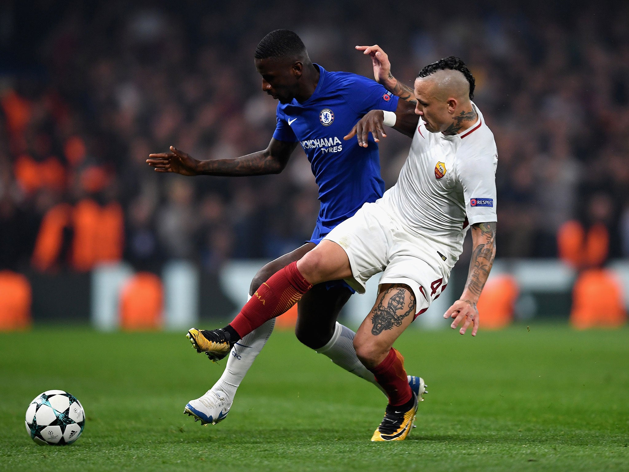 Antonio Rudiger in action against former teammate Radja Nainggolan