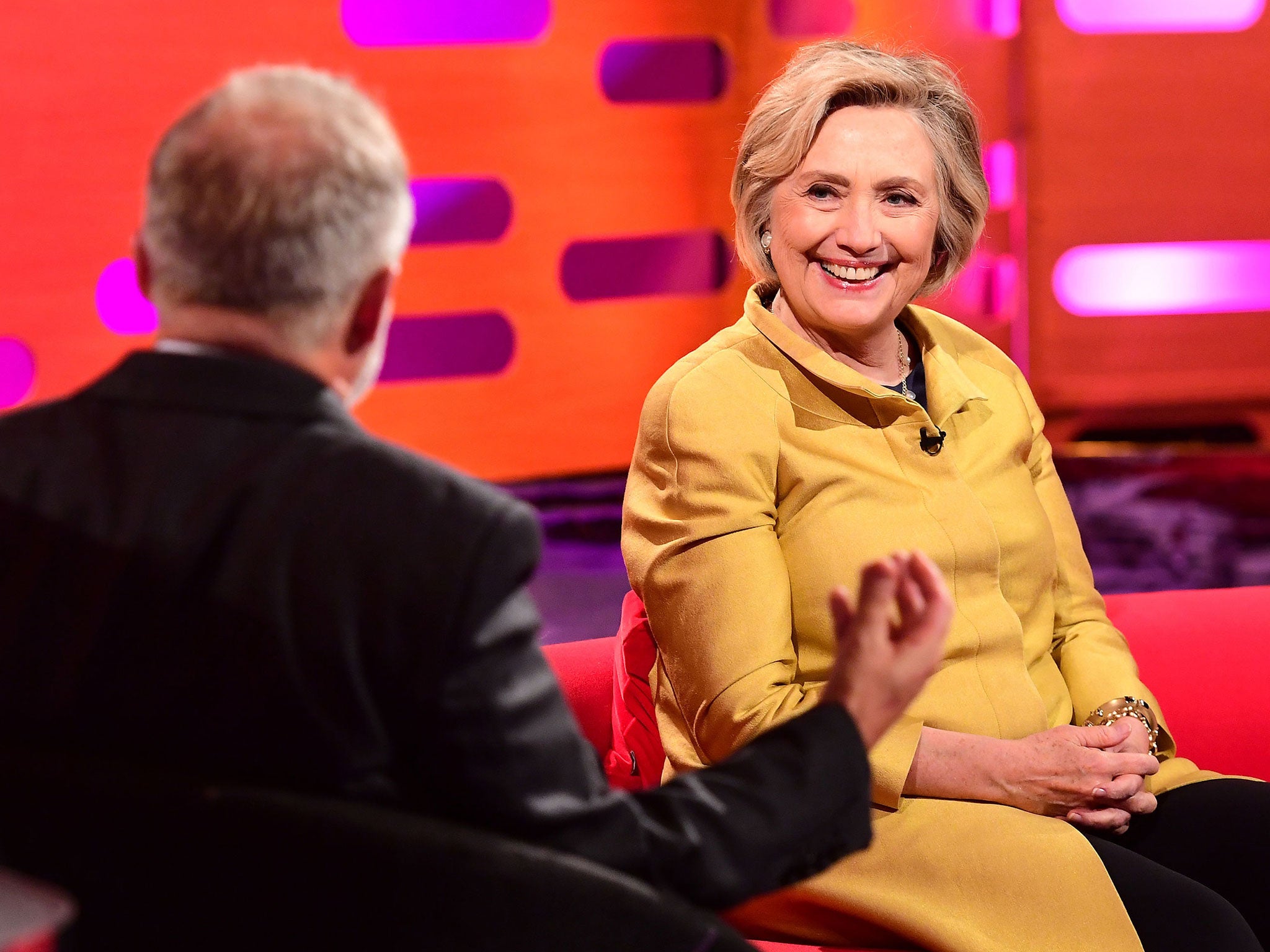 Hillary Clinton with host Graham Norton during filming of The Graham Norton Show