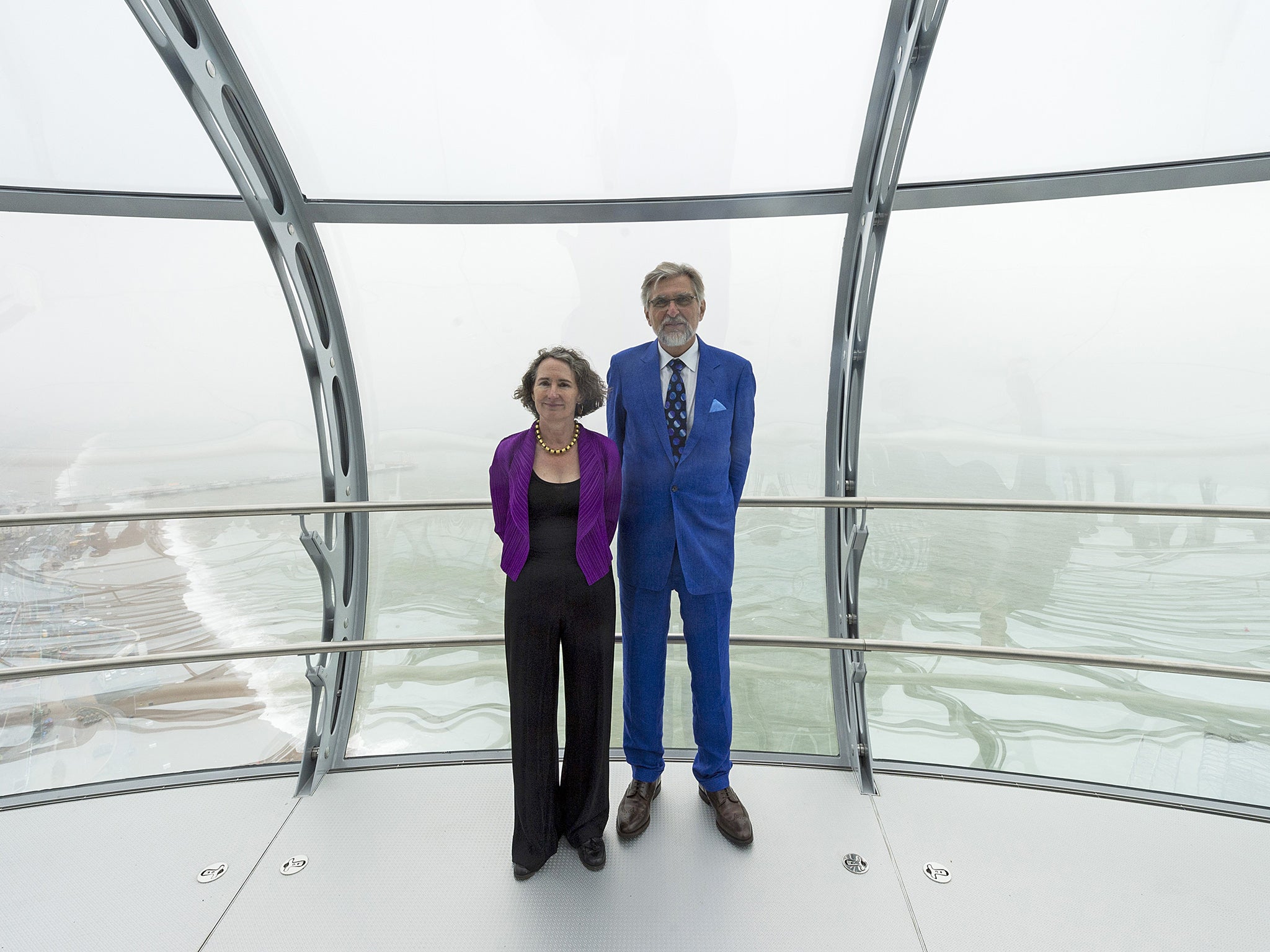 Co-designers: Marks poses with his wife Julia Barfield inside the i360 observation pod, Brighton (Getty)