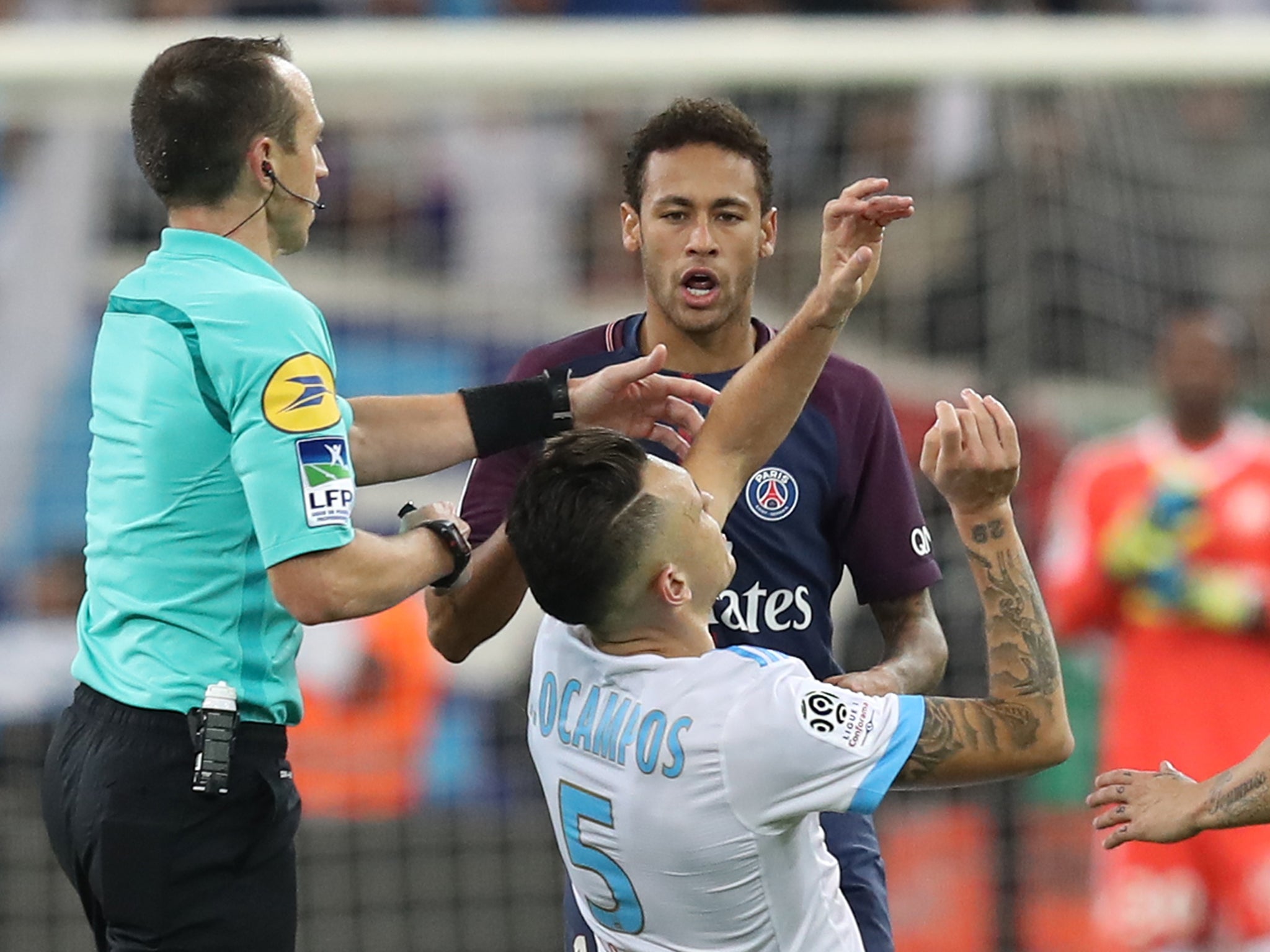 Neymar picked up a second yellow card for barging into Lucas Ocampos