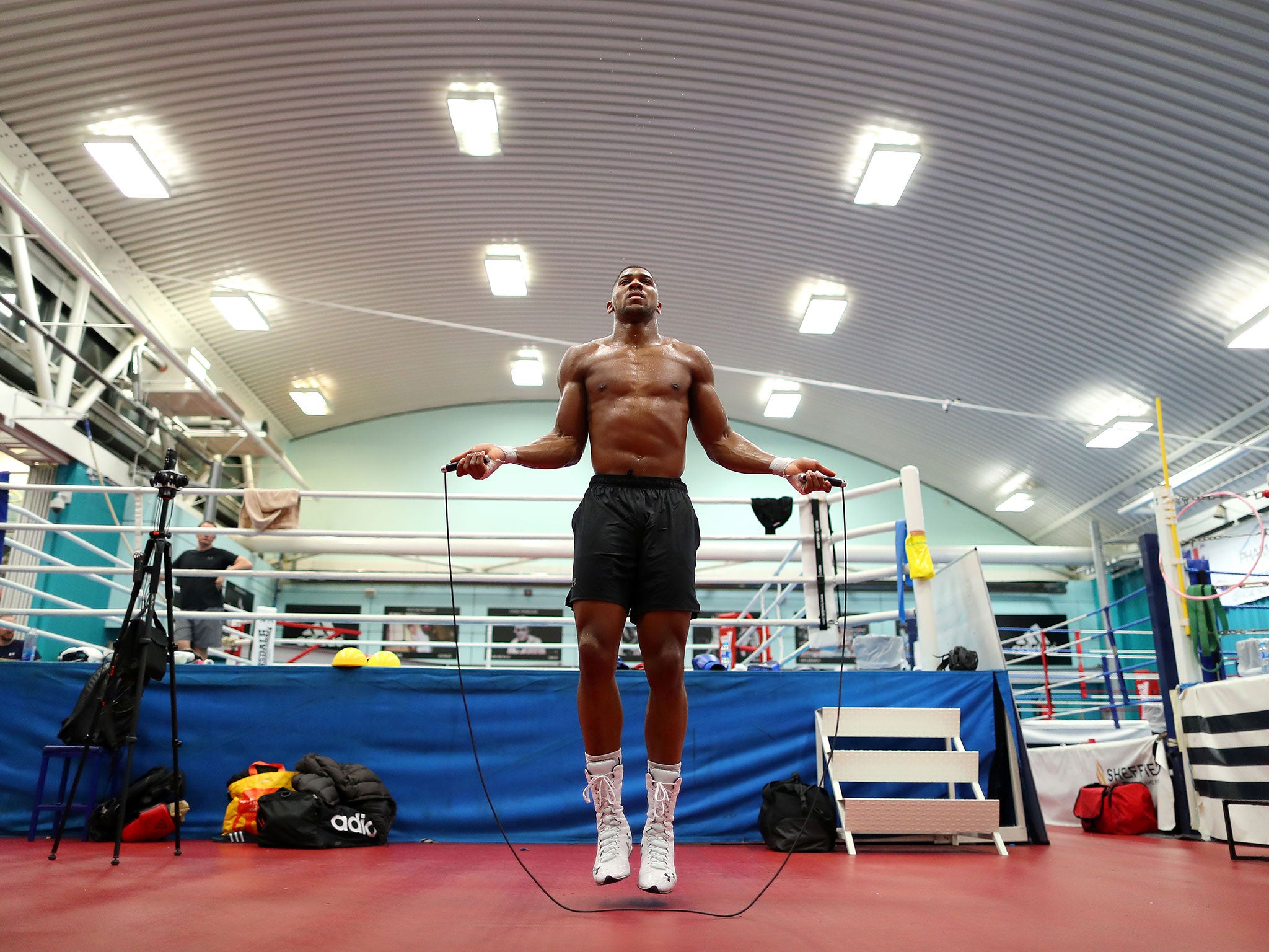 Joshua in training ahead of Saturday's fight in Cardiff