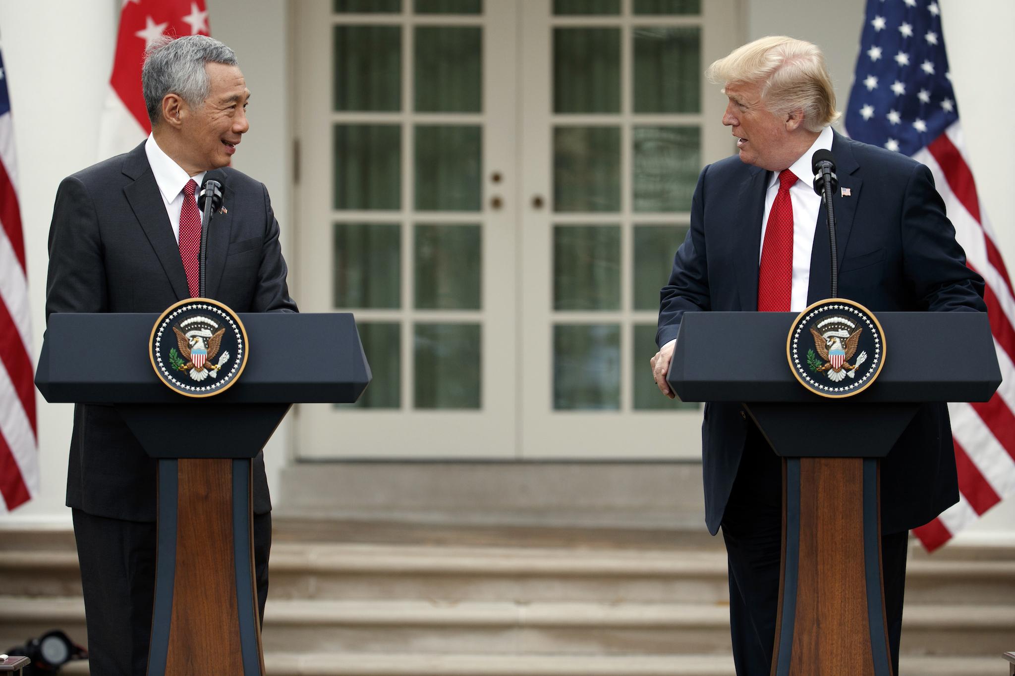 President Donald Trump speaks during a joint statement with Singapore's Prime Minister Lee Hsien Loong in the Rose Garden of the White House