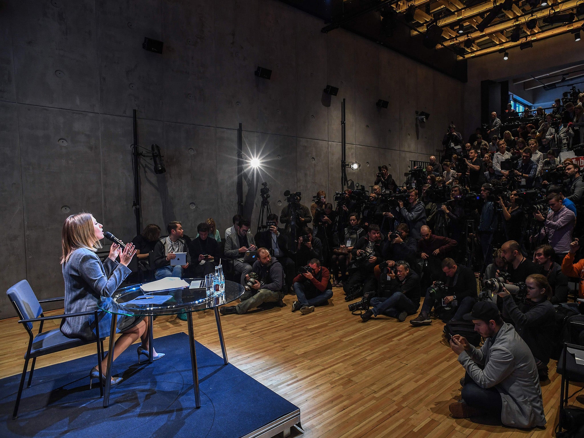 Ksenia Sobchak speaks during her packed news conference at the Stanislavsky Electrotheatre in Moscow (AFP/Getty)