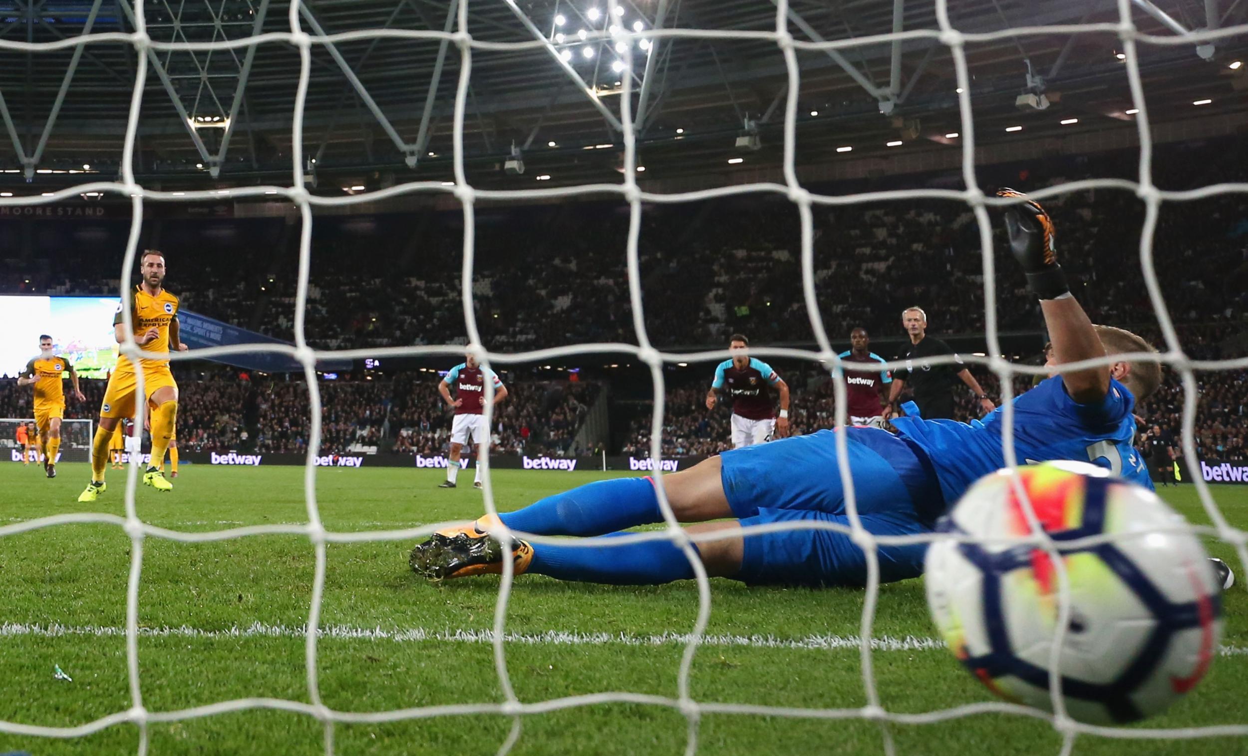 Picture: Brighton's Glen Murray scores their third goal from the penalty spot past Joe Hart.