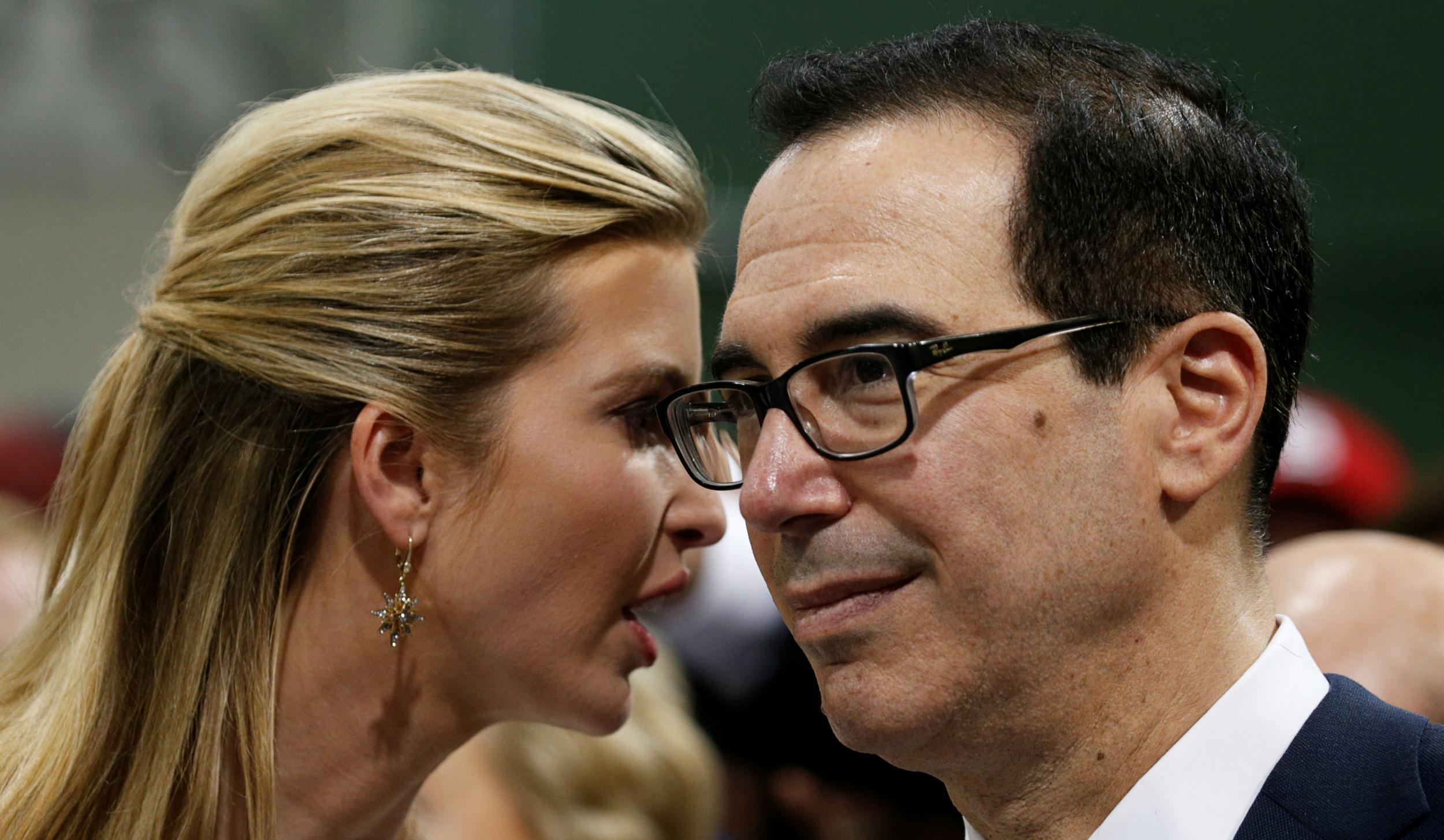 Ivanka Trump and Treasury Secretary Steve Mnuchin talk before the arrival of Donald Trump to speak about tax reform during a visit in Springfield, Missouri