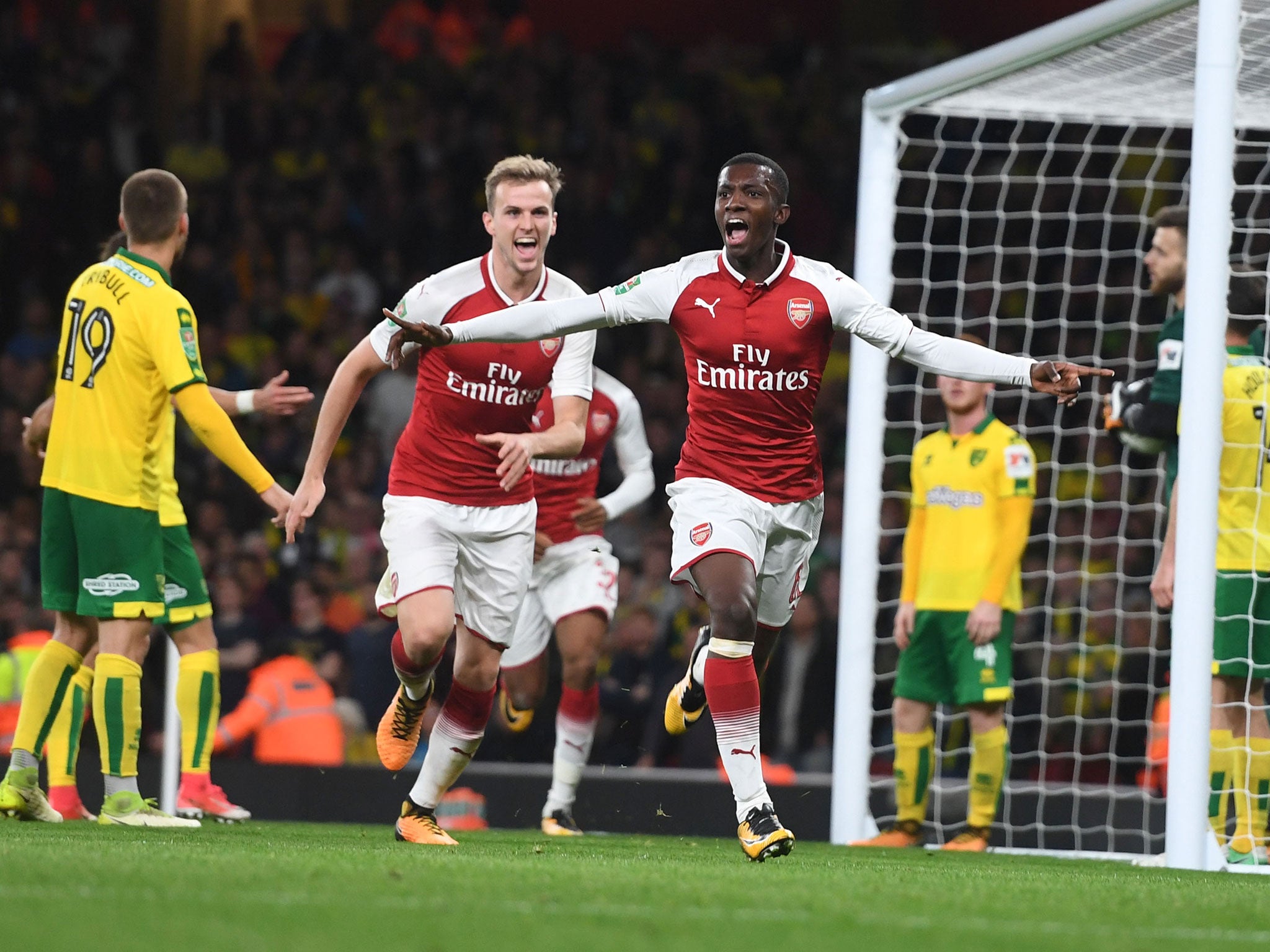 The youngster celebrates his second for Arsenal