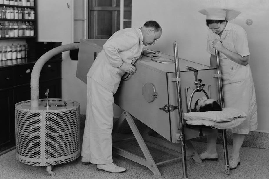 A polio patient in an iron lung, 1940