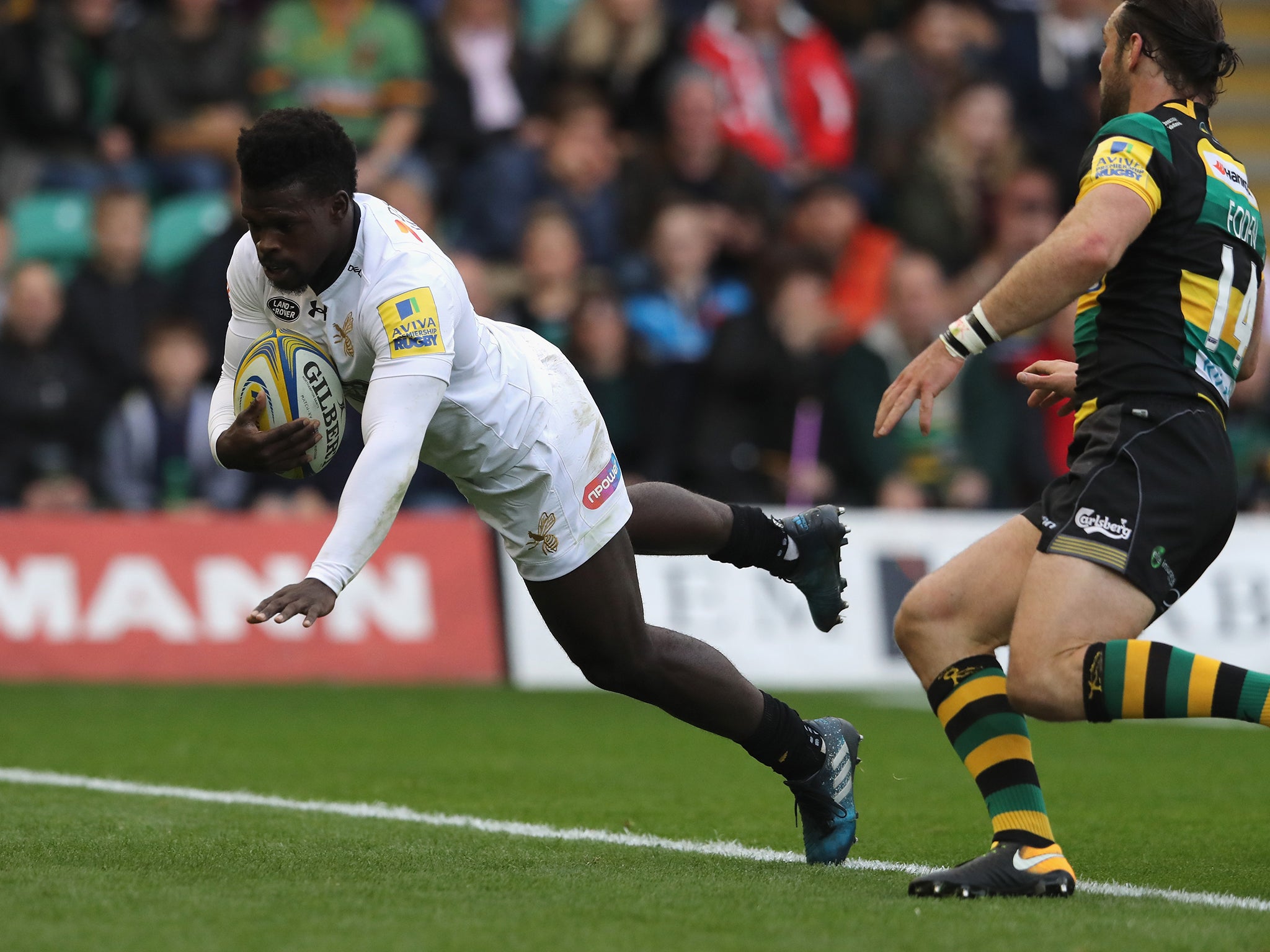 Christian Wade dives in for a try for Wasps