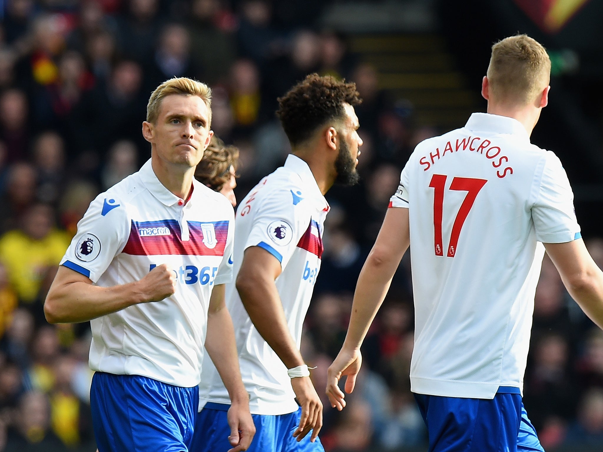 Darren Fletcher celebrates scoring the winning goal for Stoke against Watford