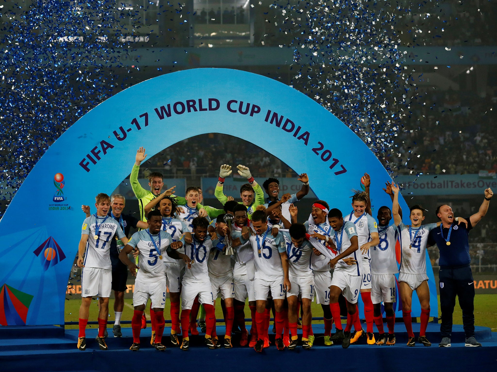 England celebrate winning the Under-17s World Cup in India