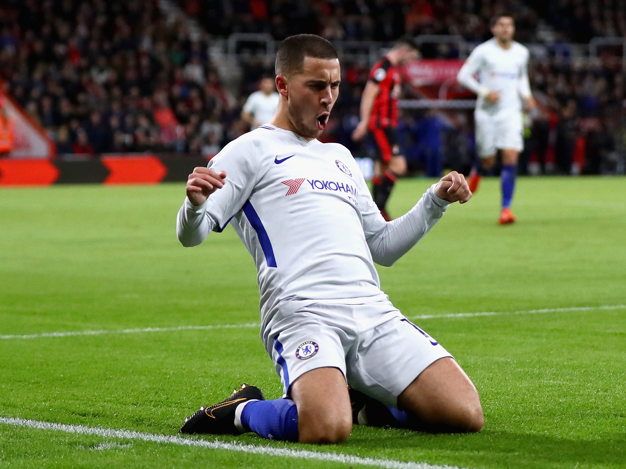 Eden Hazard celebrates after scoring the winning goal for Chelsea against Bournemouth