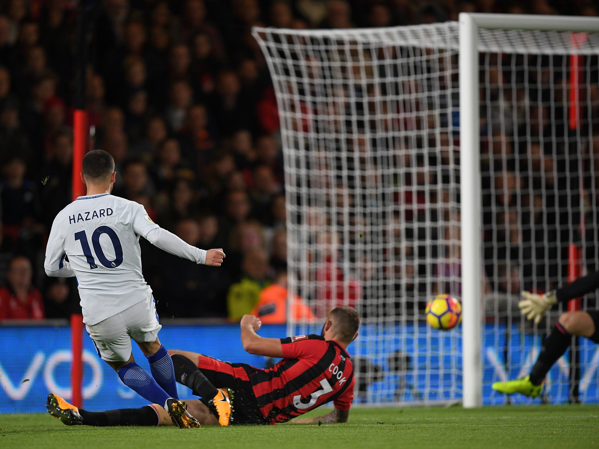 Hazard managed to squeeze the ball between goalkeeper Asmir Begovic and the near-post