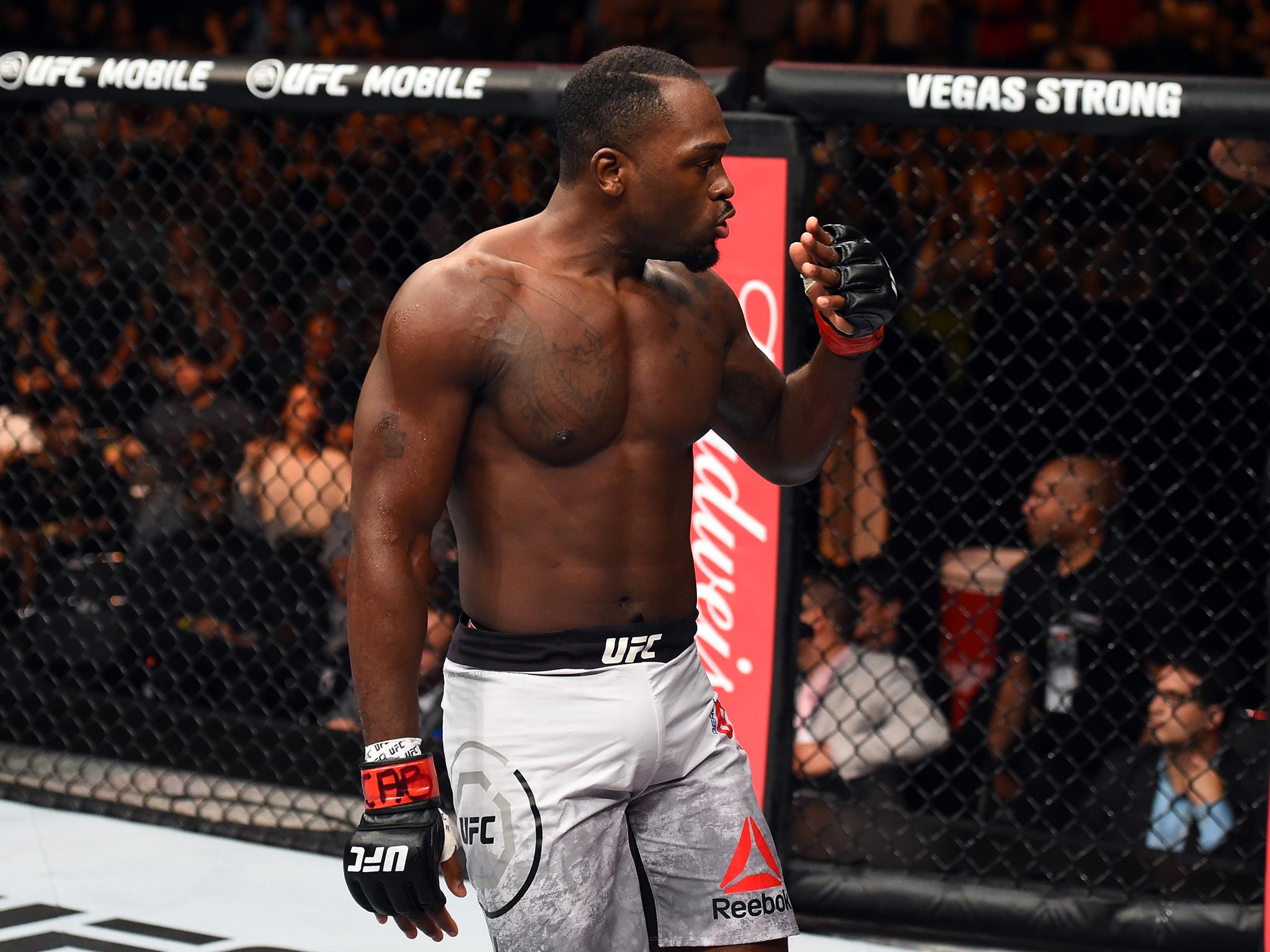 Derek Brunson celebrates his victory over Lyoto Machida at UFC Fight Night 119