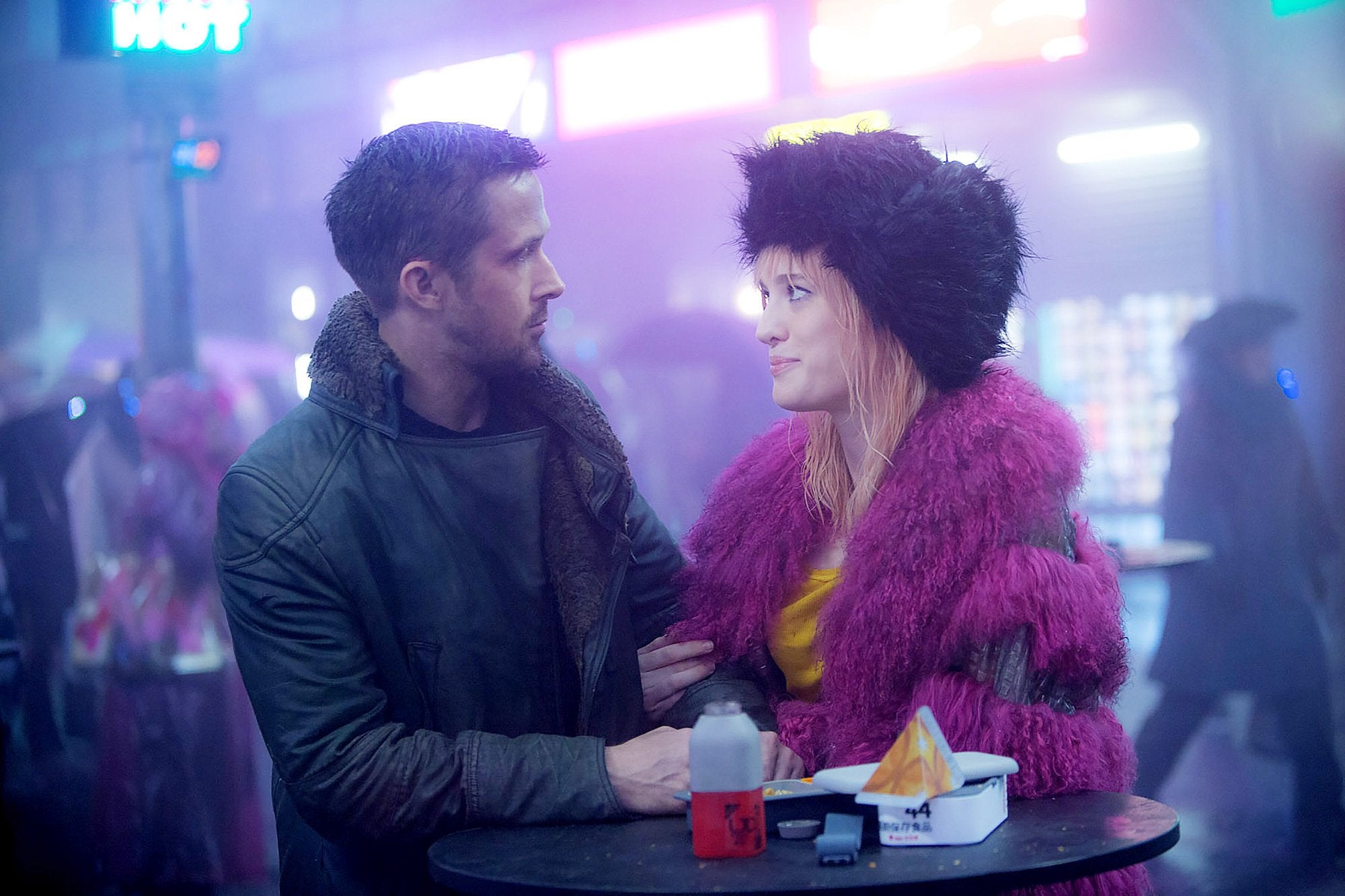 Shrill fuschia fur: a manga-inspired prostitute in ‘Blade Runner 2049’ (Warner Bros)