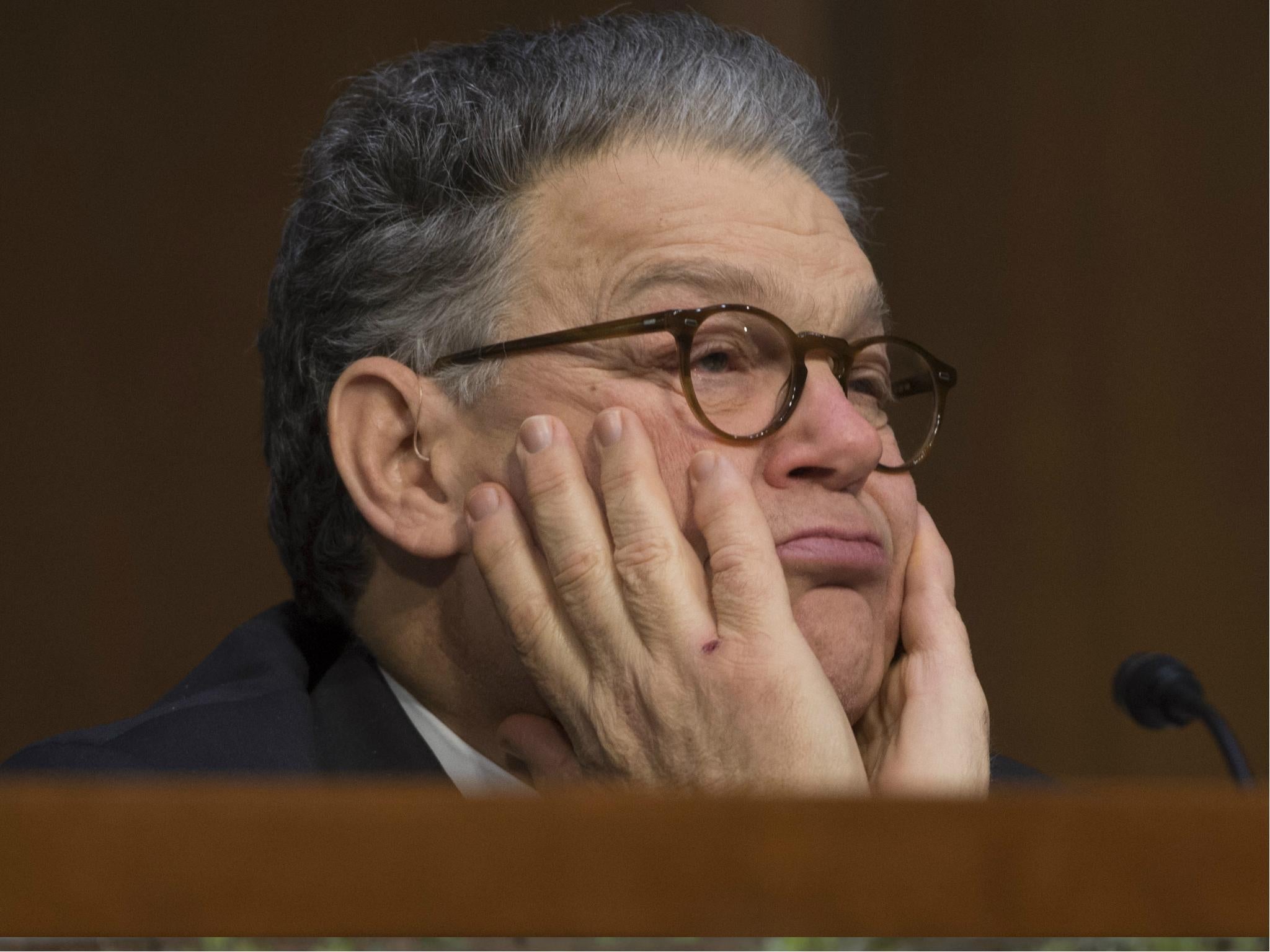 US Senator Al Franken, Democrat of Minnesota, attends a US Senate Judiciary Subcommittee on Crime and Terrorism hearing on Russian influence with representatives from Facebook, Twitter and Google.