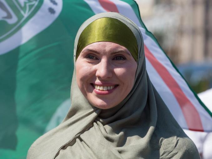 Amina Okuyeva, the wife of a Chechen man accused by Russia of plotting to kill President Vladimir Putin, is seen during a rally in central Kiev