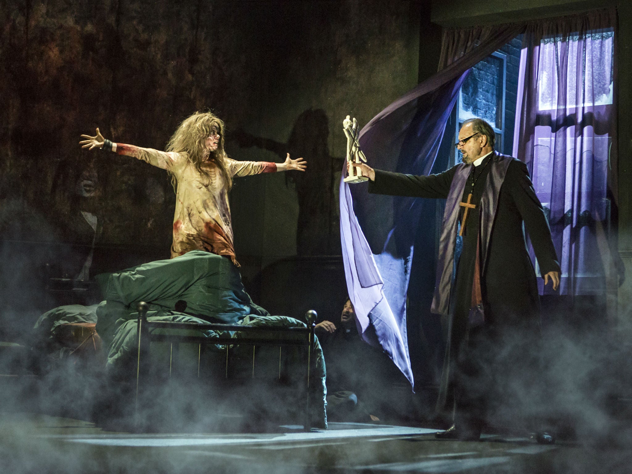 Clare Louise Connolly as Regan and Peter Bowles as Father Merrin in ‘The Exorcist’, which has been running in London’s West End since October