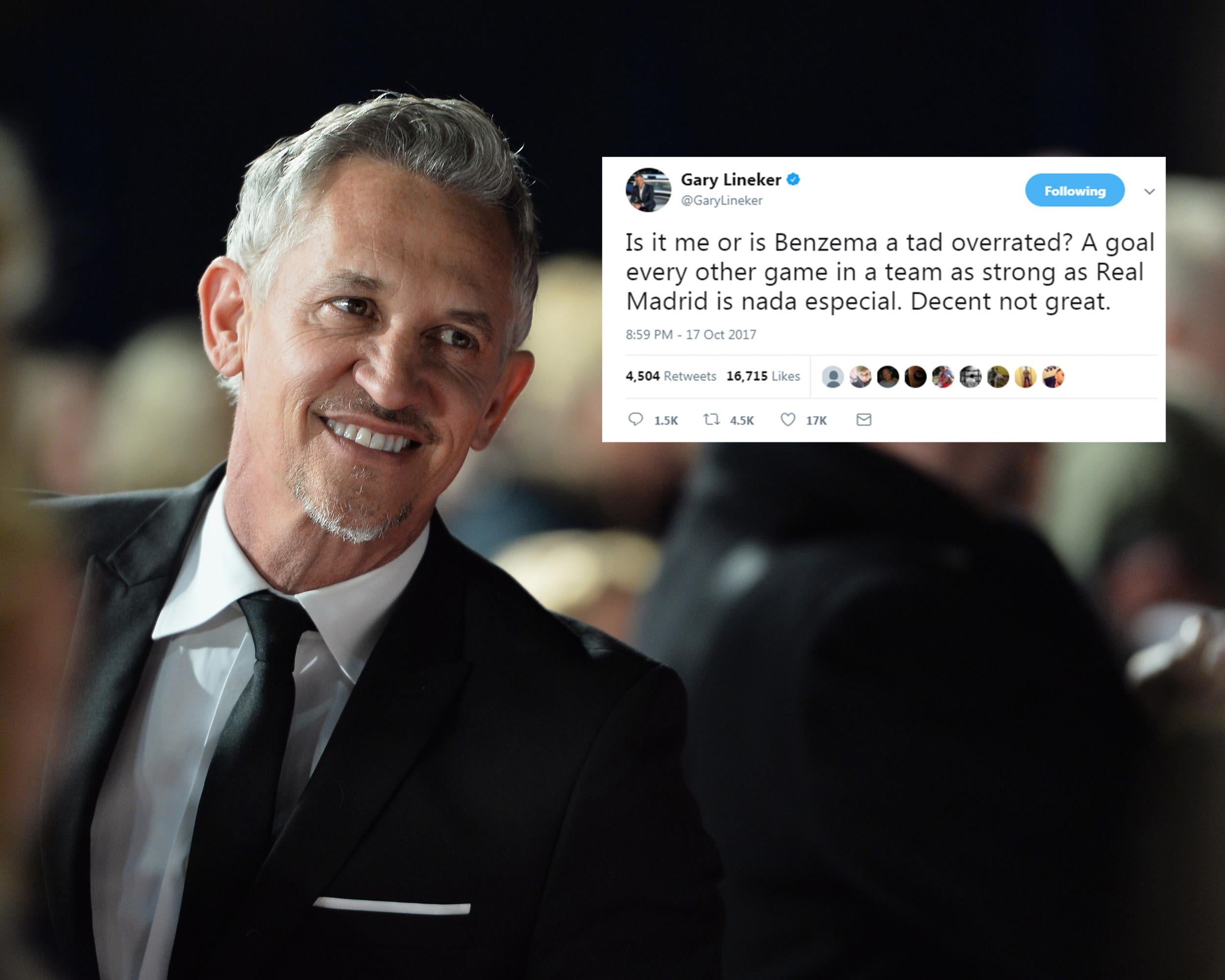 Lineker called Benzema 'overrated' after missing a chance against Spurs