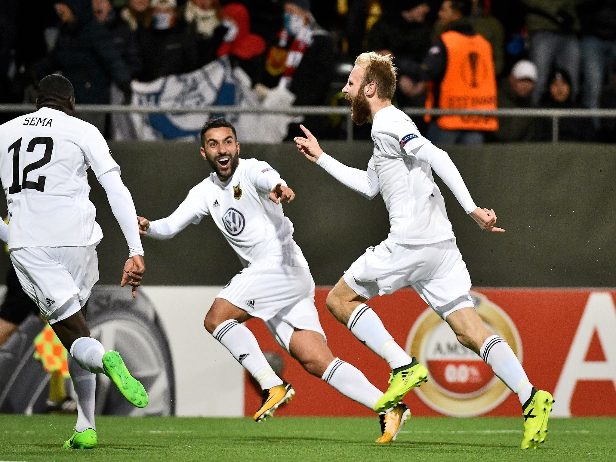 Curtis Edwards celebrates scoring for Östersund in their 2-2 against Athletic Bilbao last month