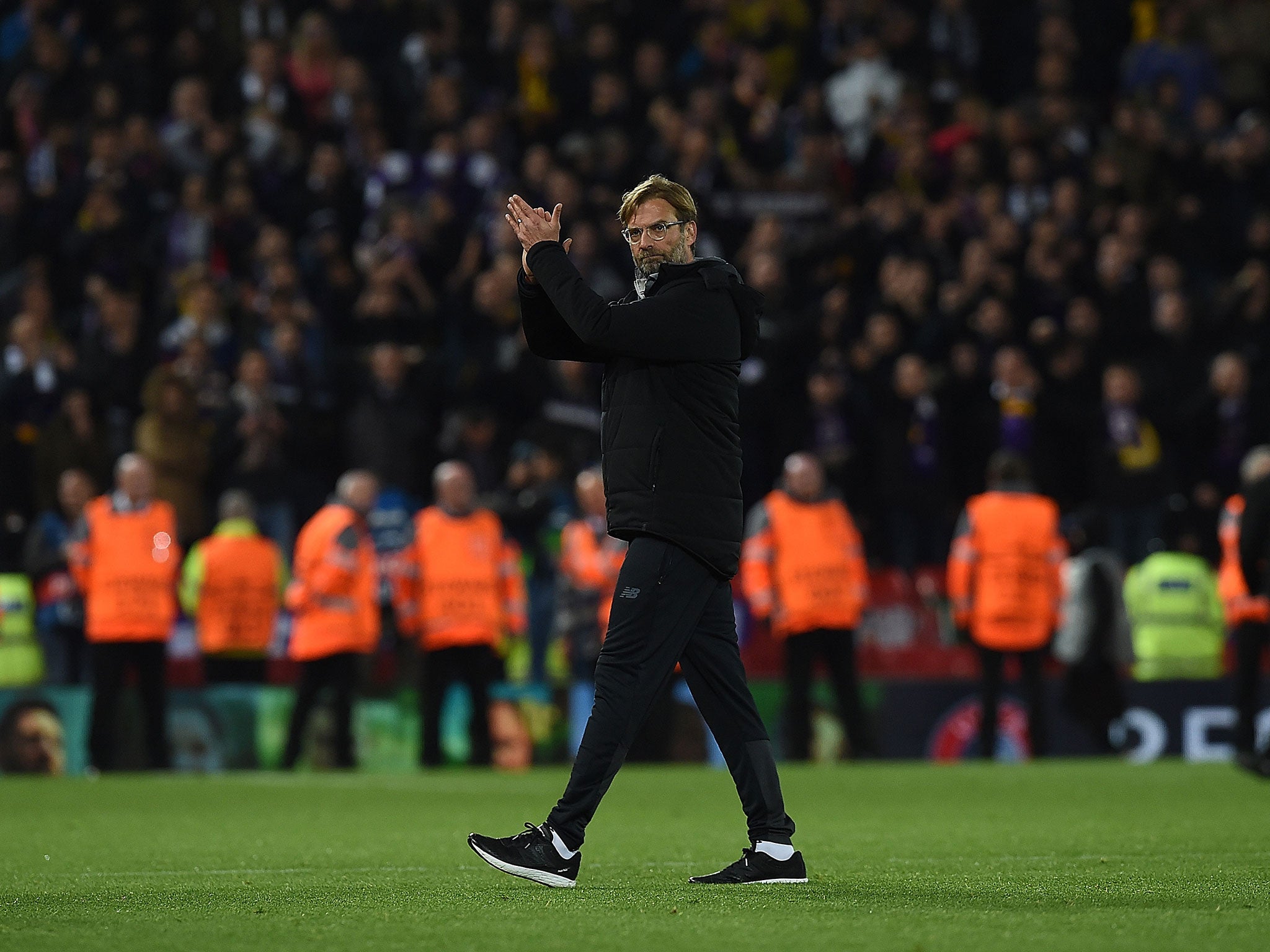 Jurgen Klopp acknowledges the Anfield crowd after Liverpool's victory