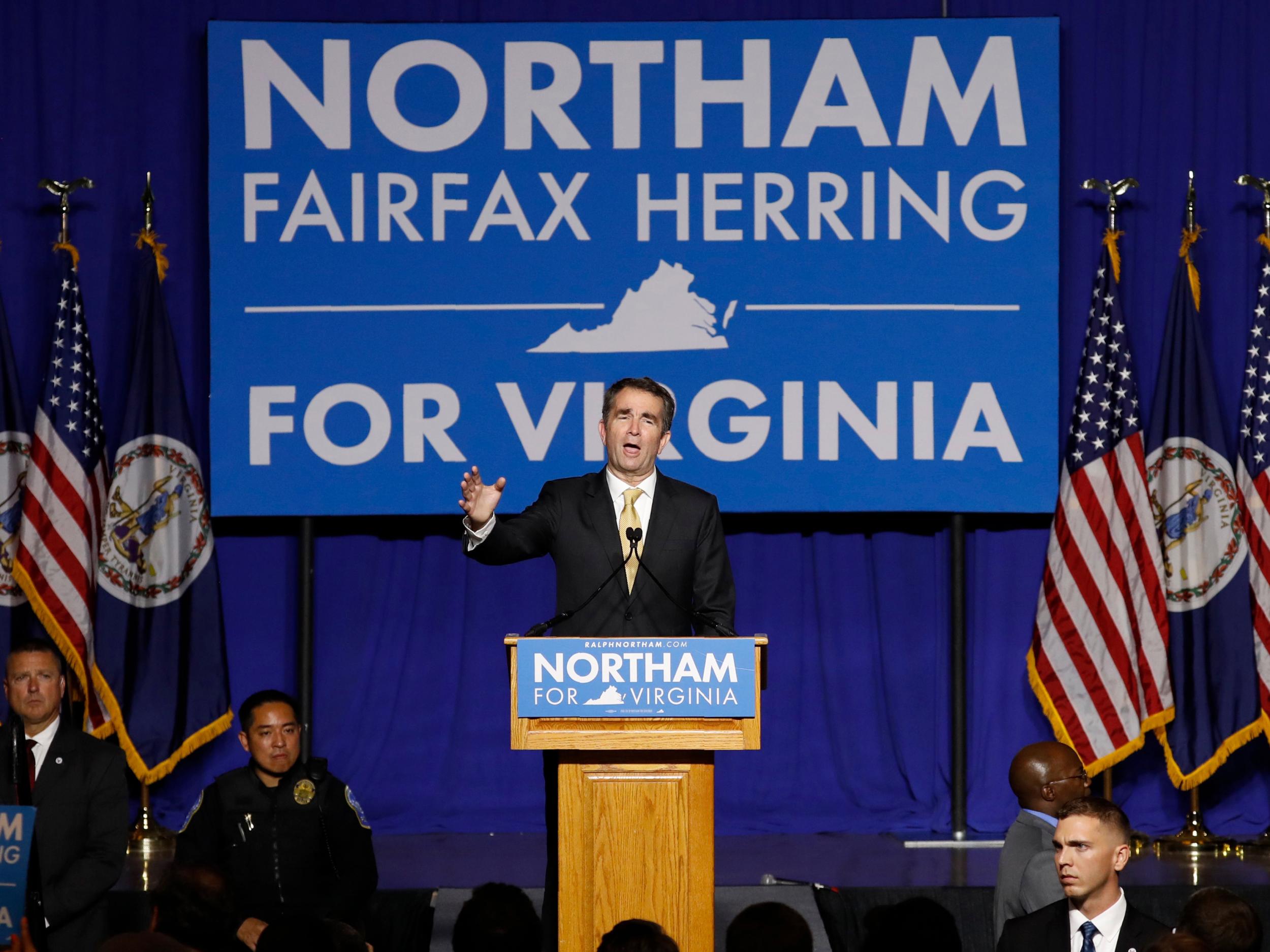 Democratic candidate for governor Ralph Northam speaks after his election night victory at the campus of George Mason University in Fairfax