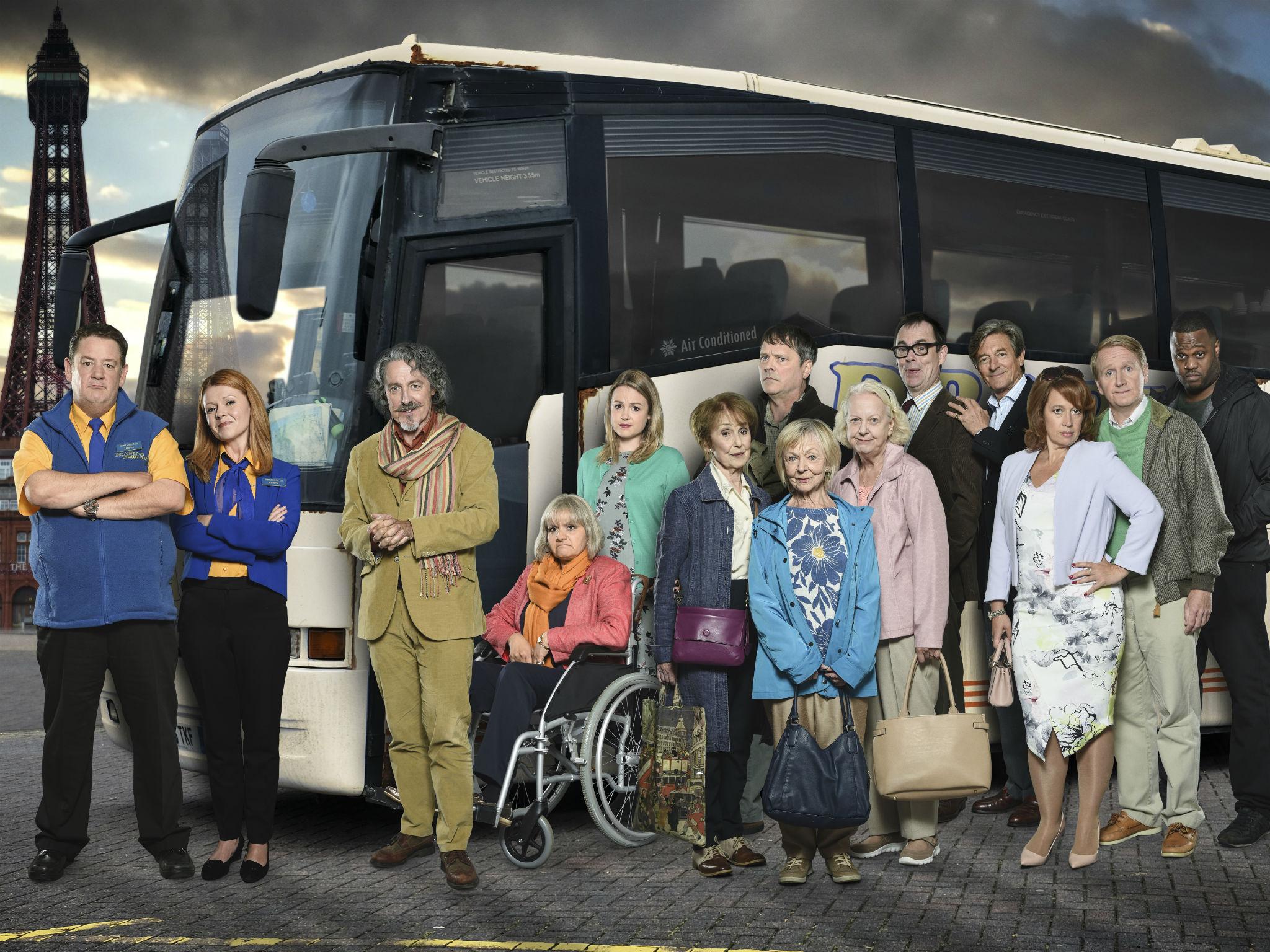 &#13;
The cast of ‘Murder on the Blackpool Express’ (from left): Vegas as Terry, Sian Gibson as Gemma, Griff Rhys Jones as David Van Der Clane, Nina Wadia as Moira, Kimberley Nixon as Laura, Una Stubbs as Peggy, Mark Heap as Graham, Sheila Reid as Mildred, Susie Blake as Marge Grimshaw, Kevin Eldon as Kevin, Nigel Havers as Doc, Katy Cavanagh as Grace, Matthew Cottle as George and Javone Prince as Ben &#13;