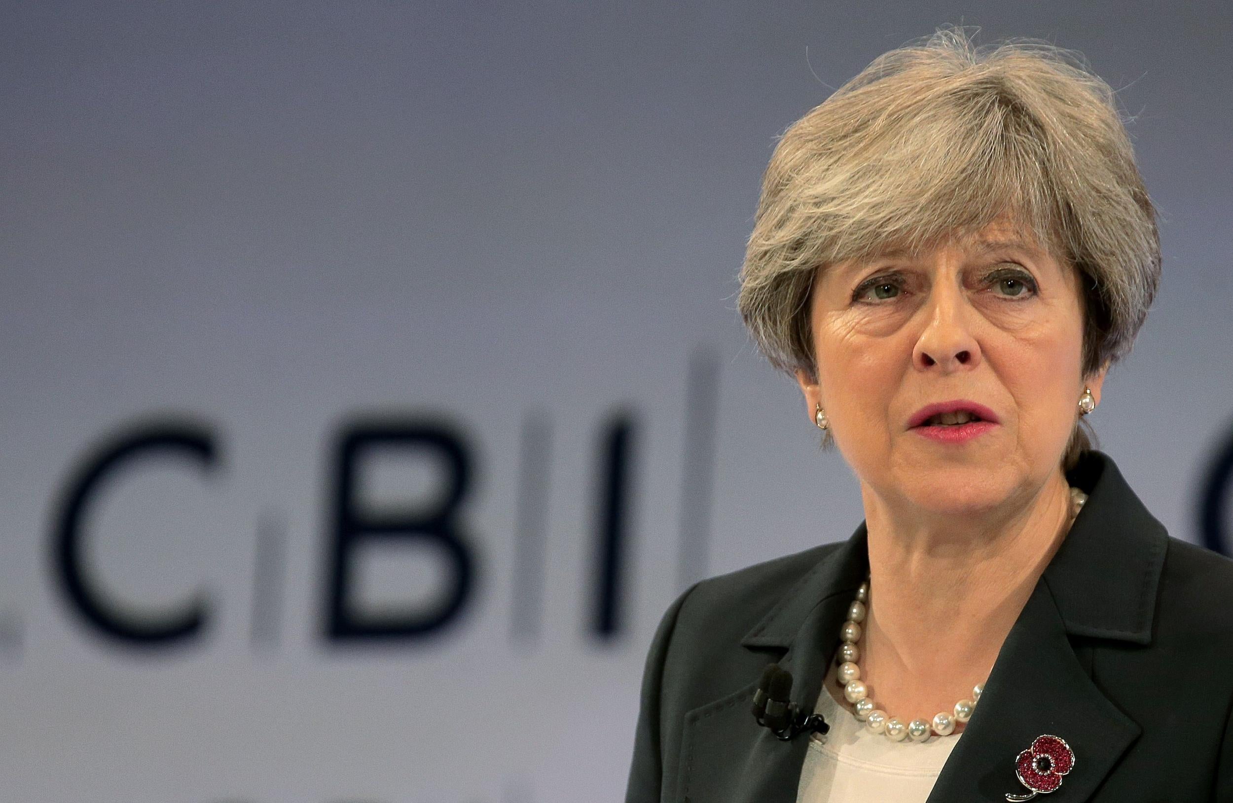 Theresa May during a speech to the Confederation of British Industry (CBI)