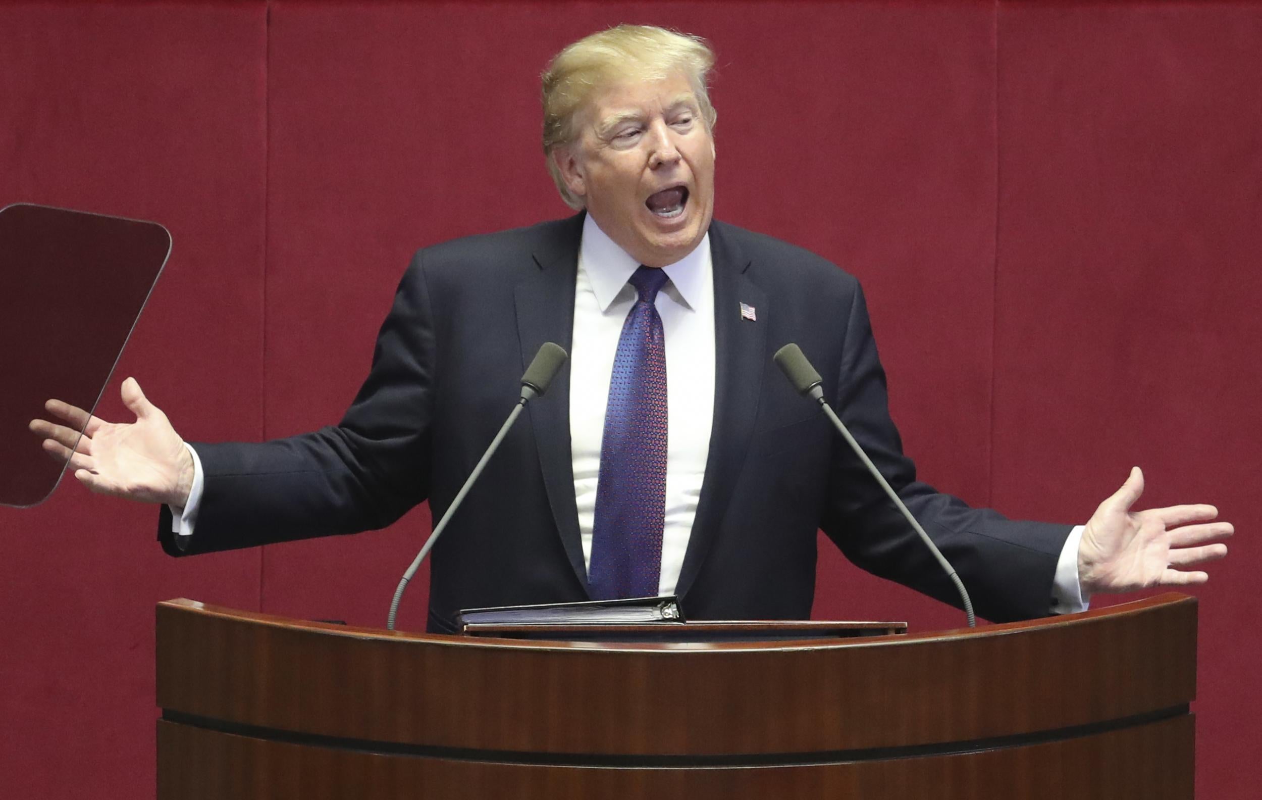 Donald Trump delivers a speech in Seoul in which he warned North Korean leader Kim Jong-un his nuclear weapons programme was putting him 'in grave danger'