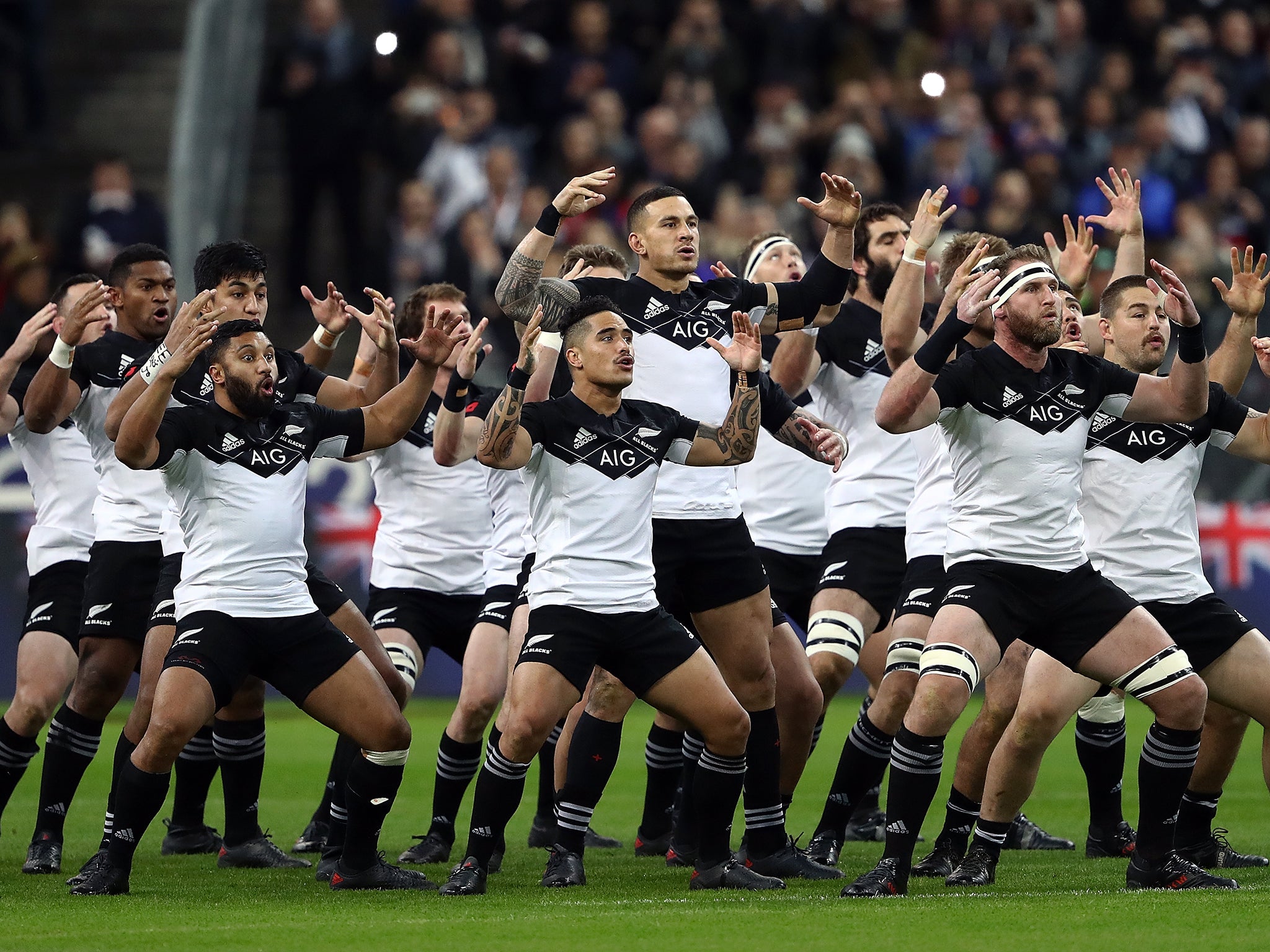 The All Blacks preform the Haka before kick-off