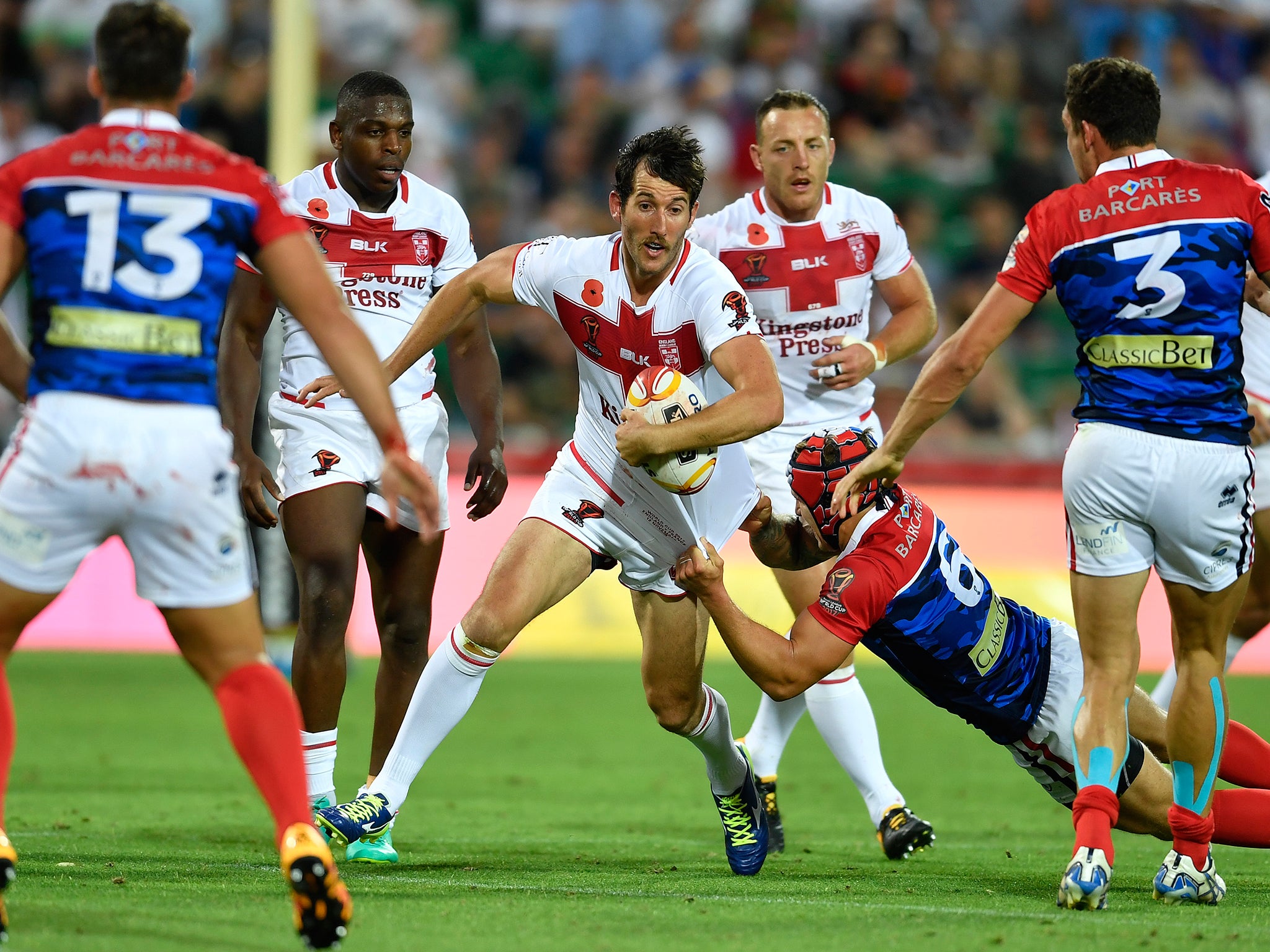 Stefan Ratchford is tackled during England's victory over France