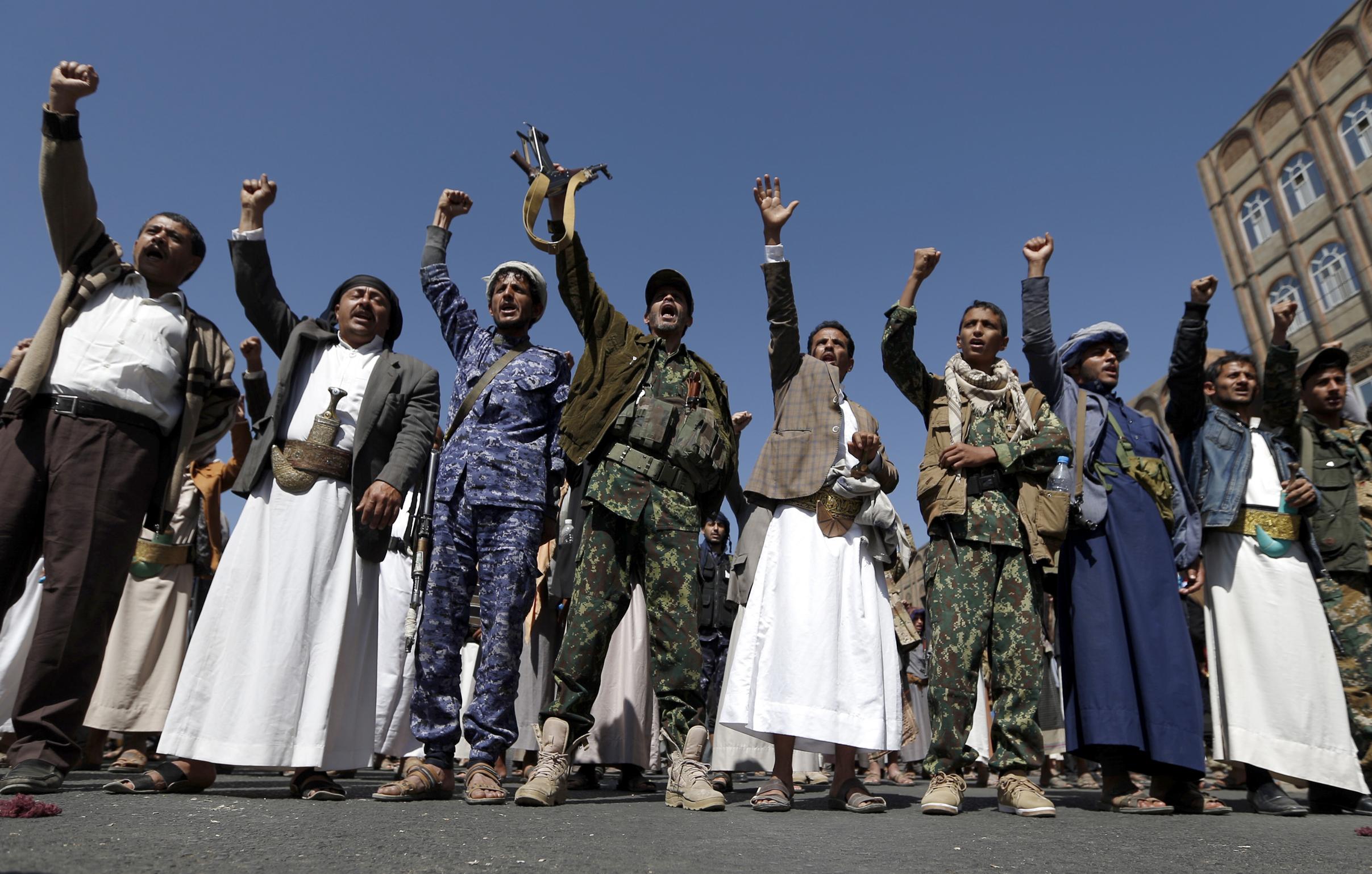 Yemenis take part in a demonstration calling for the Saudi-led coalition's blockade to be lifted on 13 November 2017, in the rebel-held capital of Sanaa