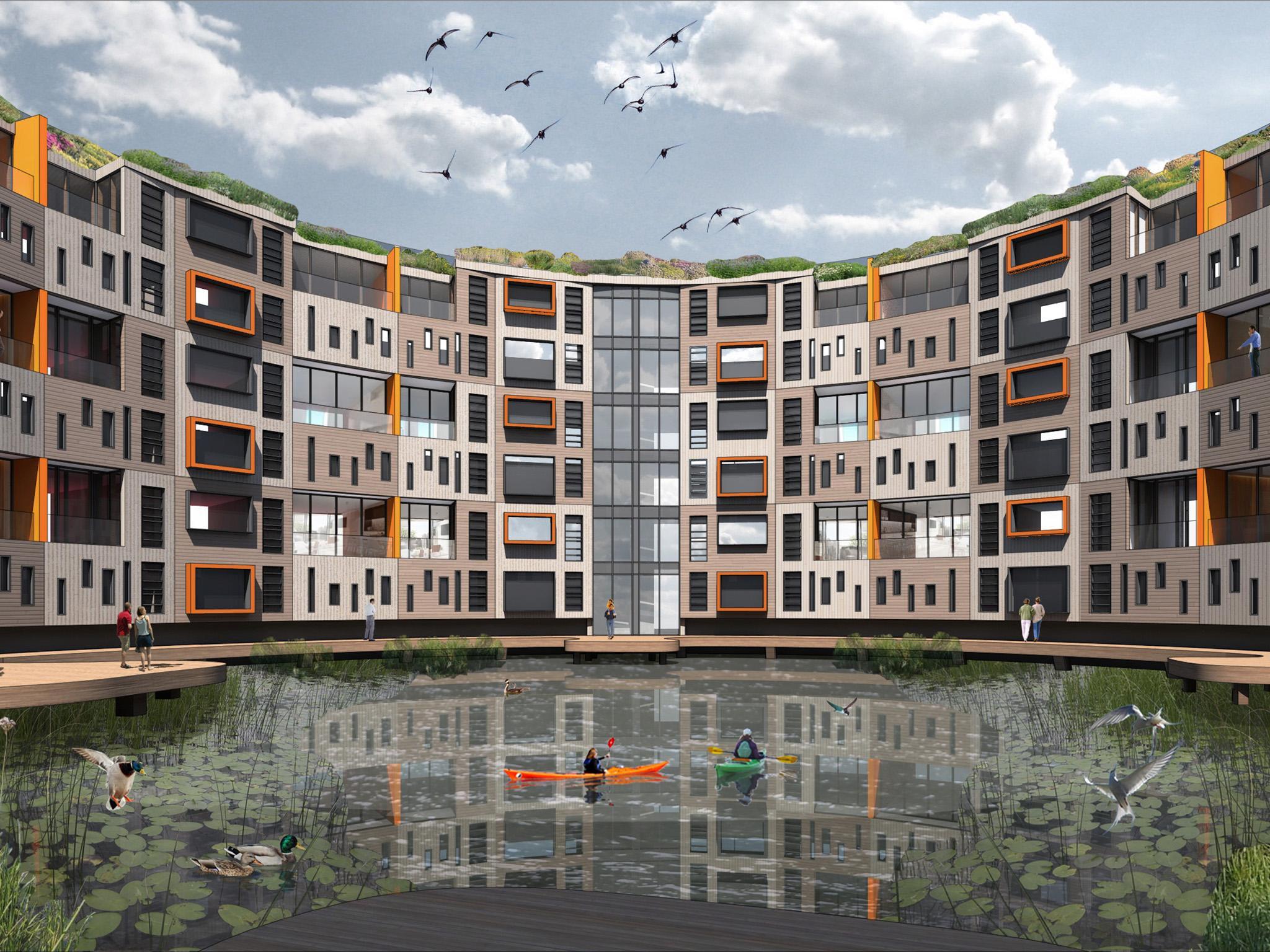 Mock-up of a housing development in a gasholder base by Max Architects, replete with ducks