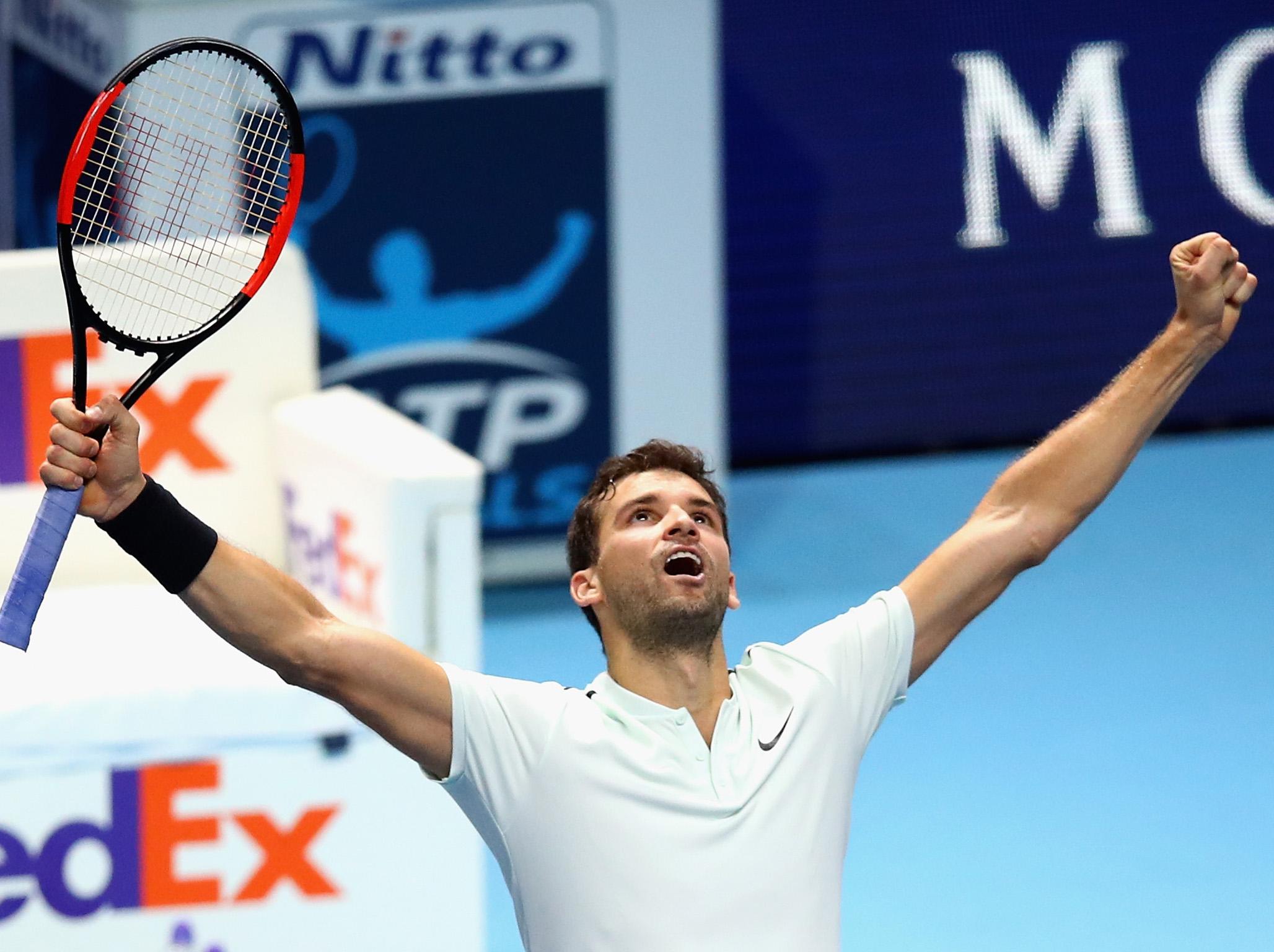 Grigor Dimitrov celebrates his crushing victory over David Goffin