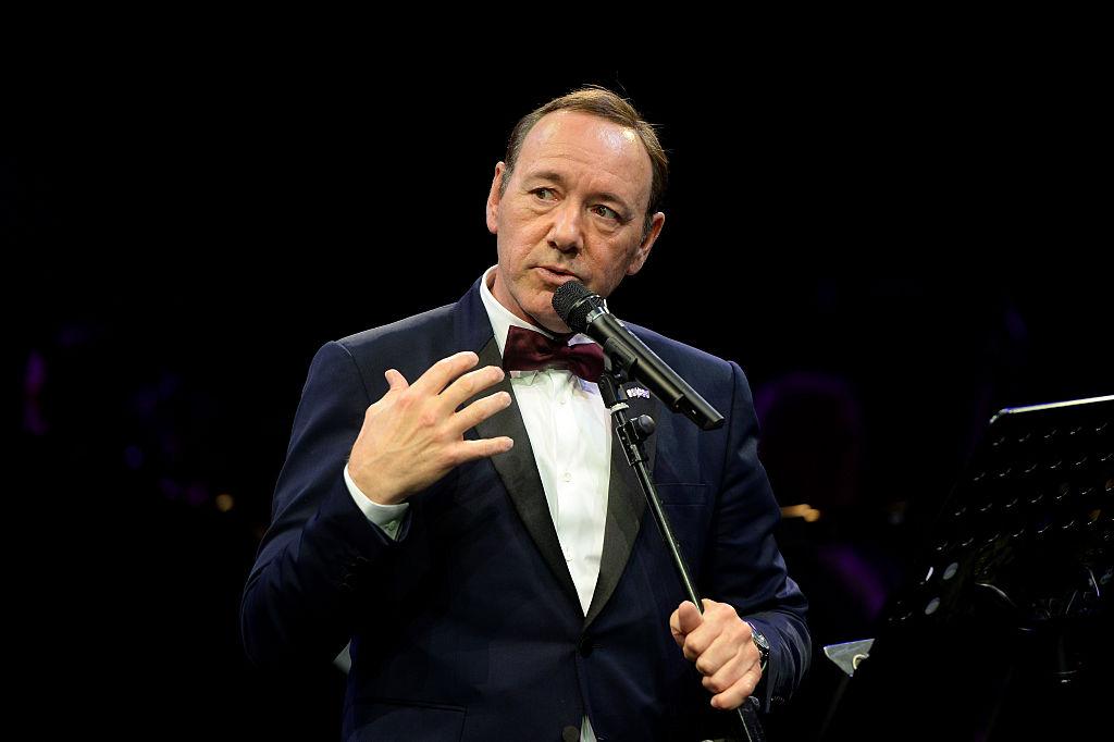 Kevin Spacey gives a speech at The Old Vic Theatre in London